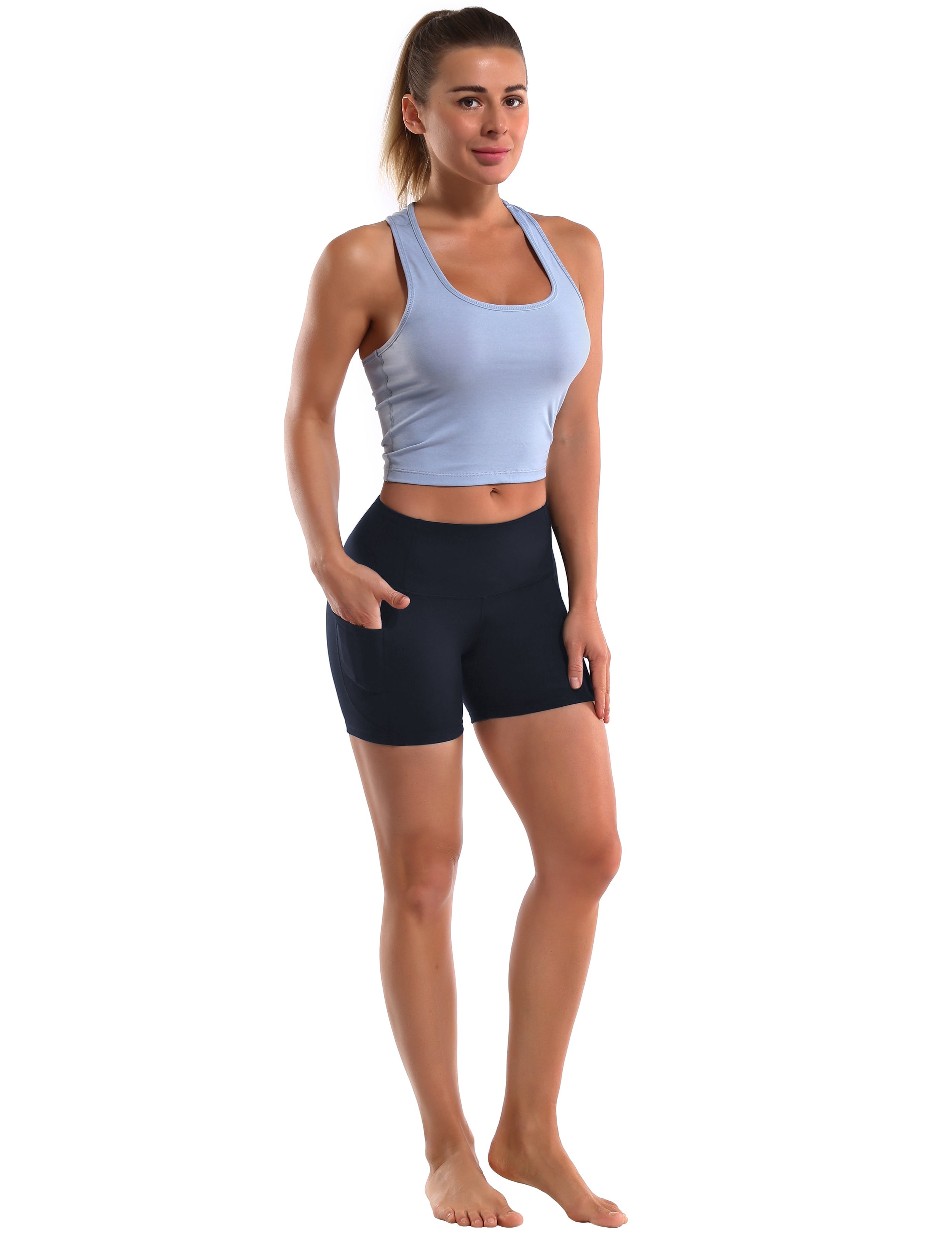 High Waist Side Pockets Pilates Shorts darkblue Softest-ever fabric High elasticity 4-way stretch Fabric doesn't attract lint easily No see-through Moisture-wicking Machine wash 88% Nylon, 12% Spandex