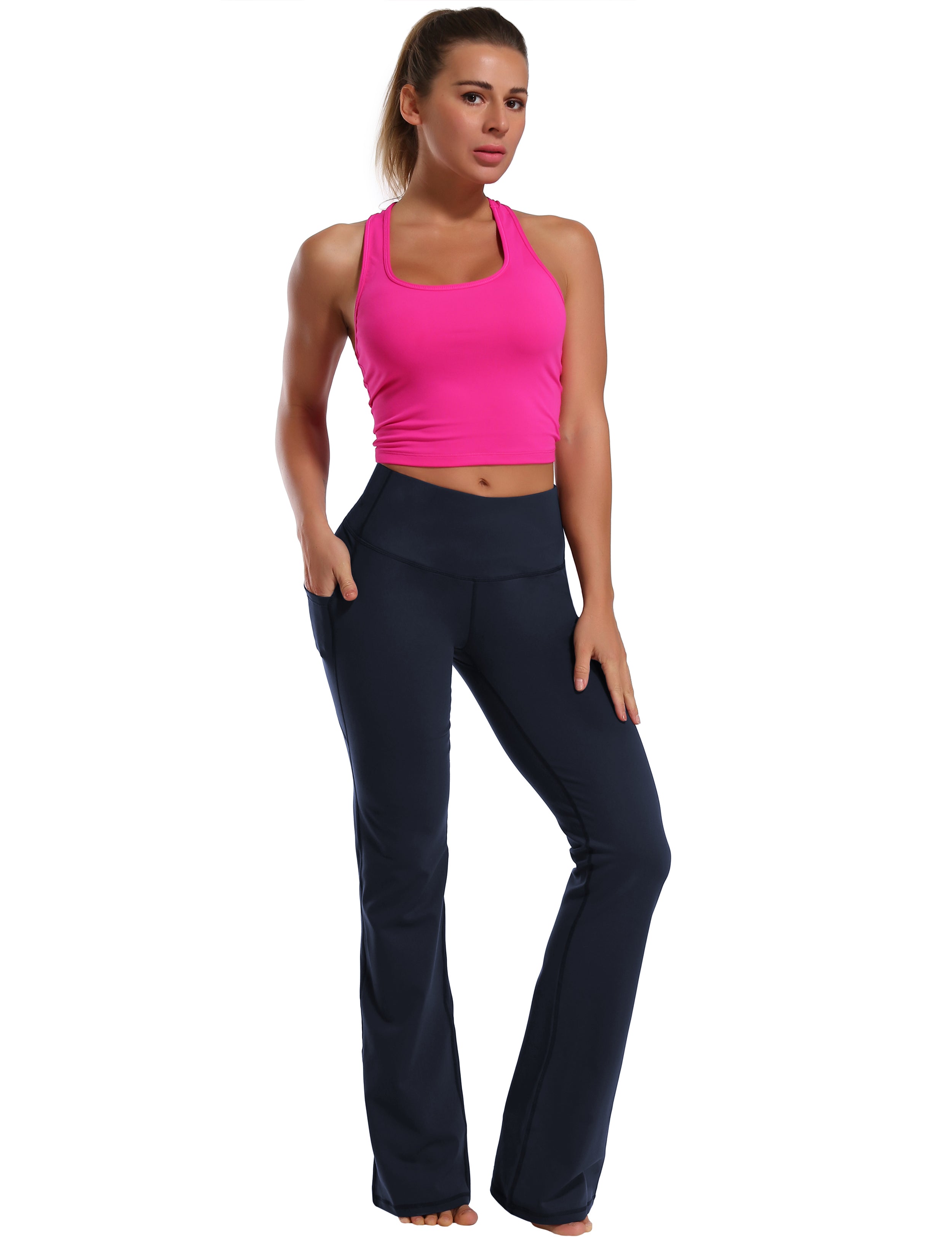 139 Side Pockets Bootcut Leggings darknavy 87%Nylon/13%Spandex Fabric doesn't attract lint easily 4-way stretch No see-through Moisture-wicking Tummy control Inner pocket Four lengths