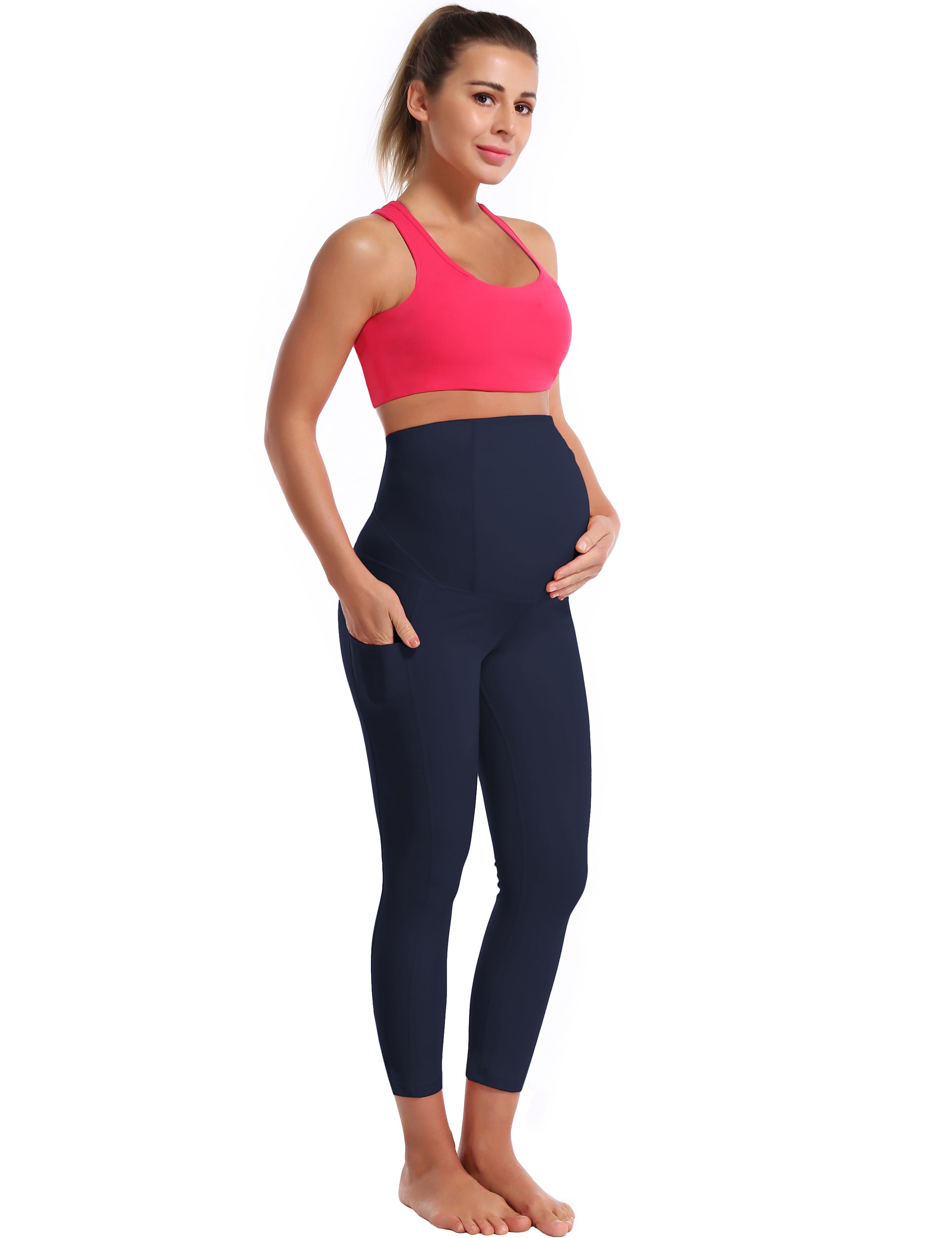 22" Side Pockets Maternity Gym Pants darknavy 87%Nylon/13%Spandex Softest-ever fabric High elasticity 4-way stretch Fabric doesn't attract lint easily No see-through Moisture-wicking Machine wash