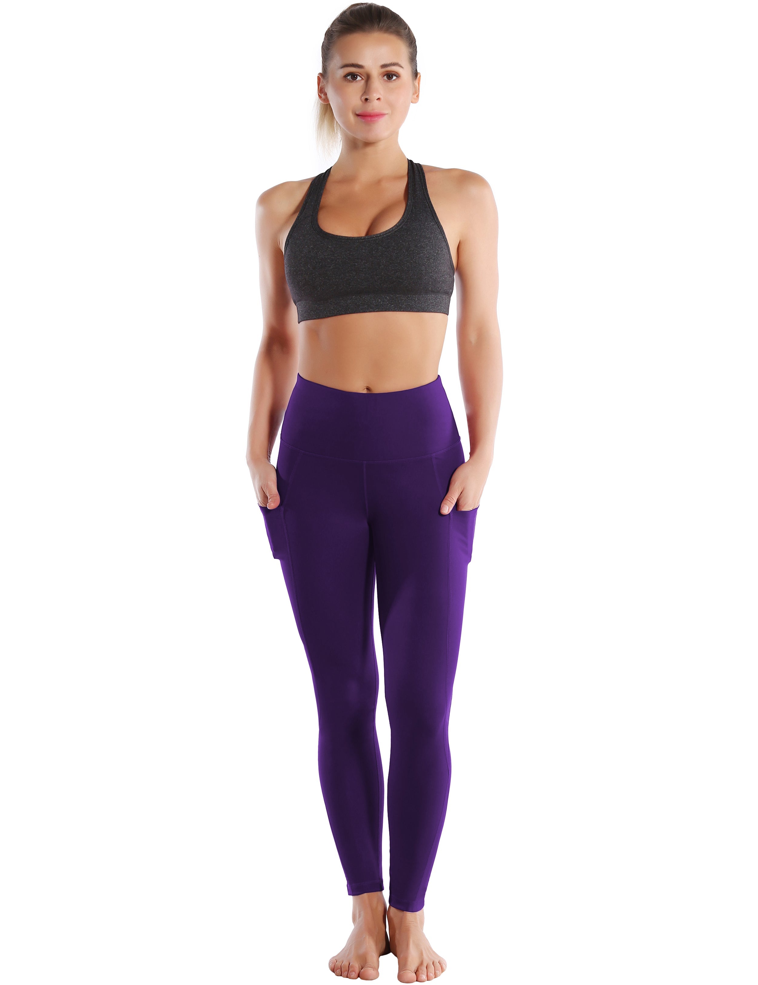 High Waist Side Pockets Gym Pants eggplantpurple 75% Nylon, 25% Spandex Fabric doesn't attract lint easily 4-way stretch No see-through Moisture-wicking Tummy control Inner pocket