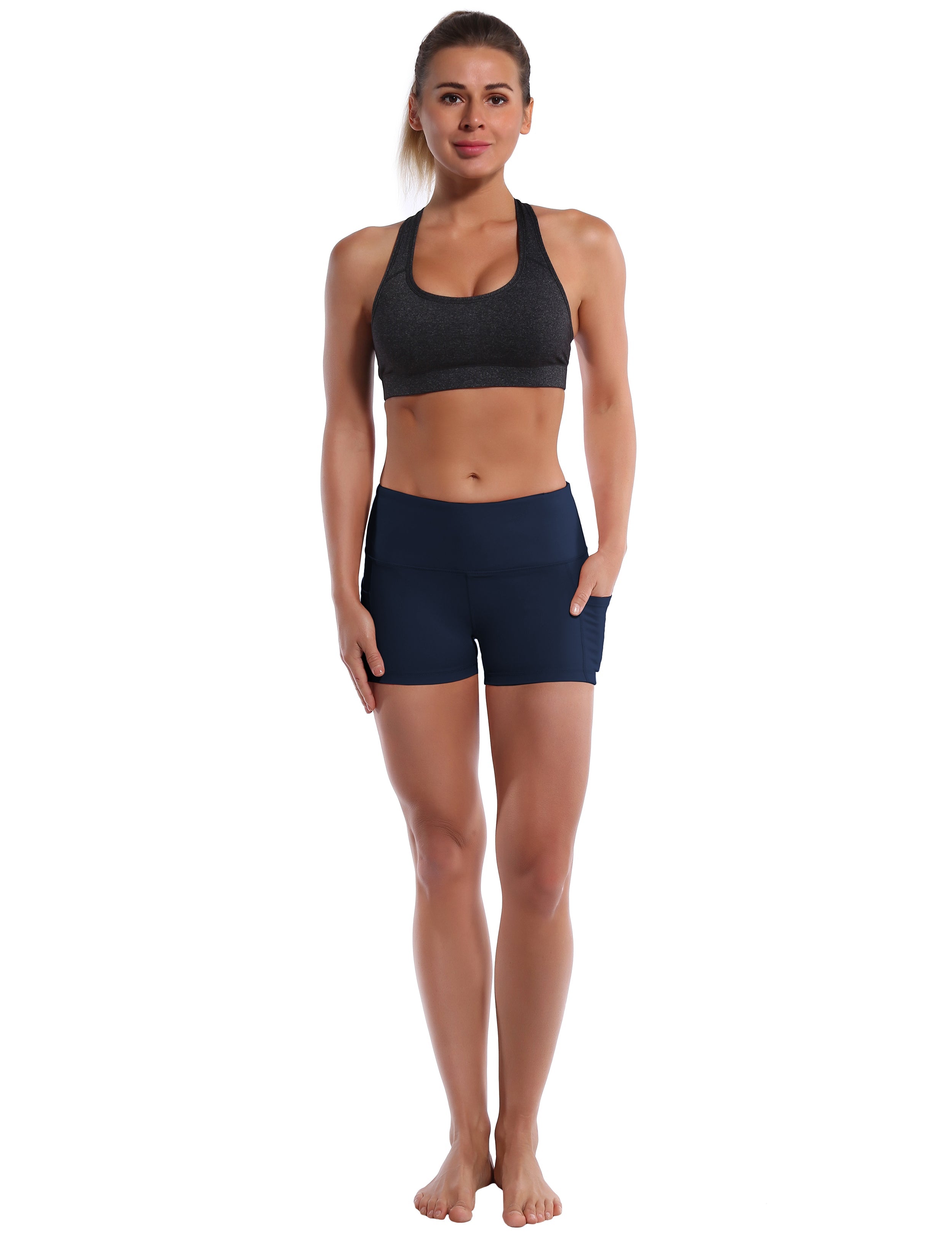 2.5" Side Pockets Biking Shorts darknavy Sleek, soft, smooth and totally comfortable: our newest sexy style is here. Softest-ever fabric High elasticity High density 4-way stretch Fabric doesn't attract lint easily No see-through Moisture-wicking Machine wash 78% Polyester, 22% Spandex