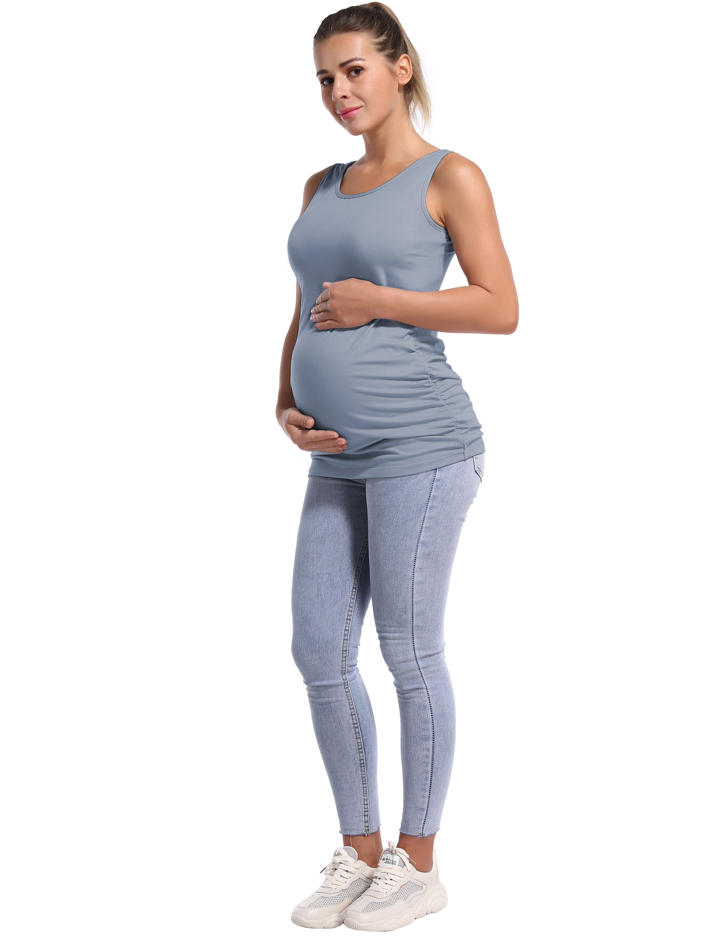 Maternity Side Shirred Tank Top heathergray 92%Nylon/8%Spandex(Cotton Soft) Designed for Maternity So buttery soft, it feels weightless Sweat-wicking Four-way stretch Breathable Contours your body