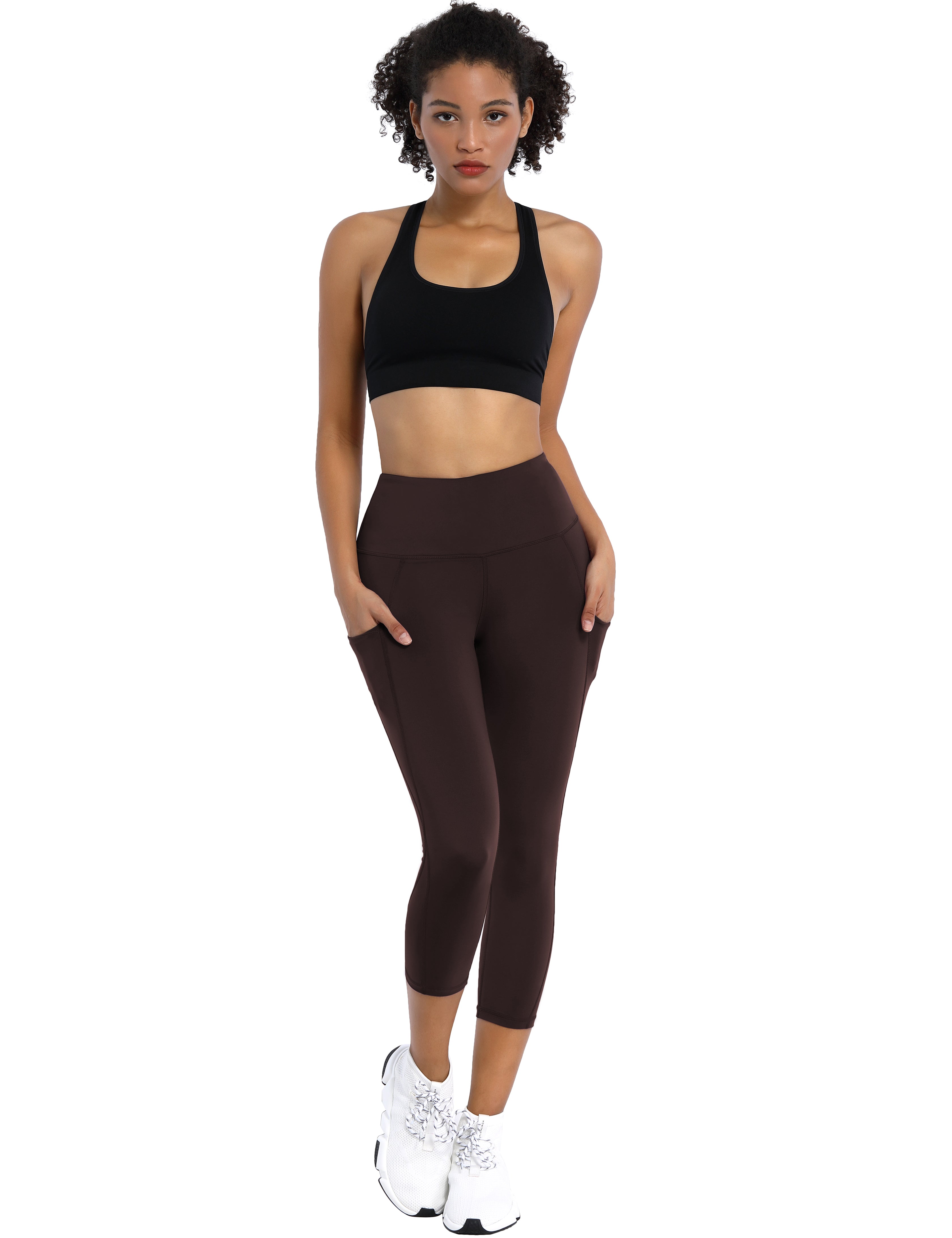19" High Waist Side Pockets Capris mahoganymaroon 75%Nylon/25%Spandex Fabric doesn't attract lint easily 4-way stretch No see-through Moisture-wicking Tummy control Inner pocket