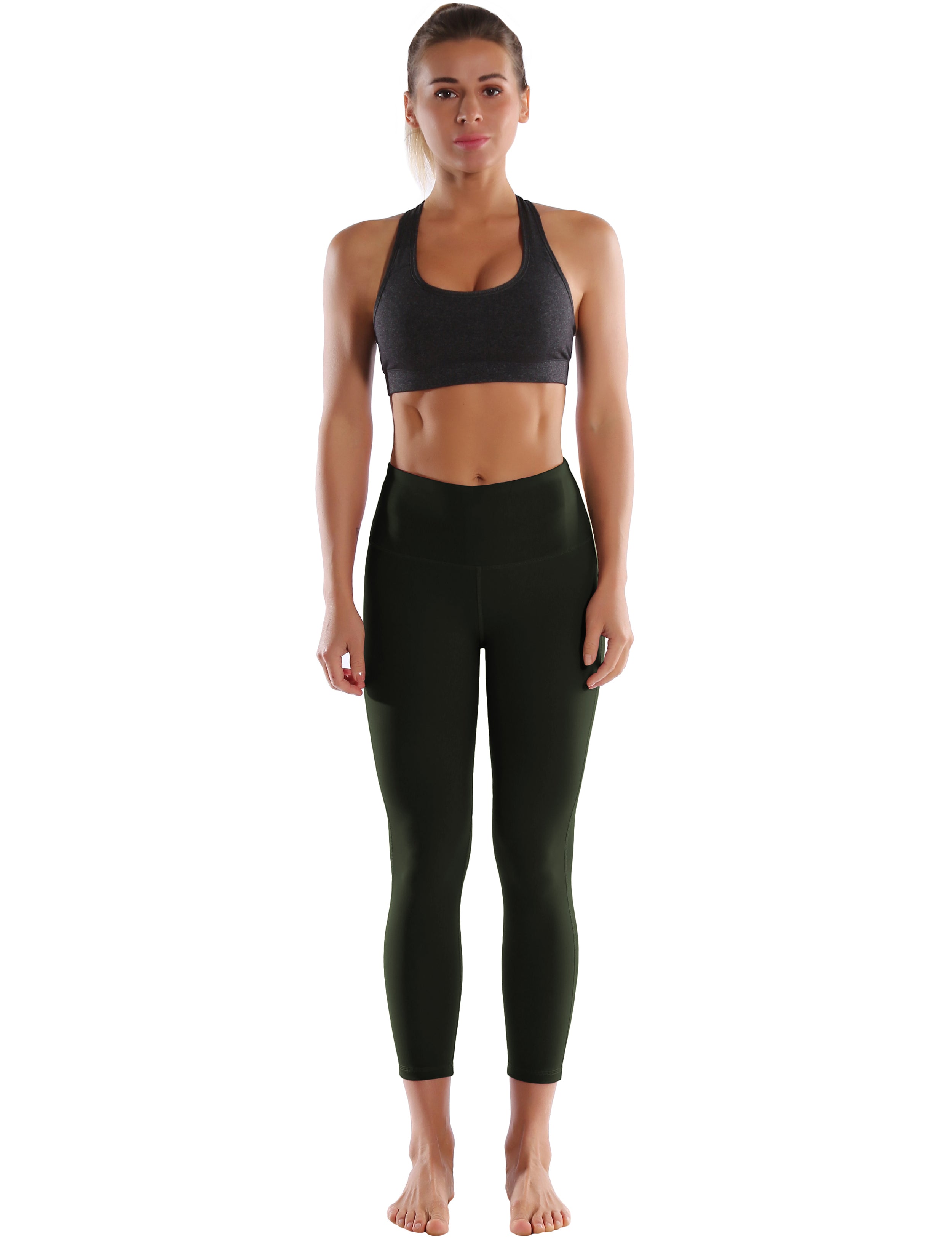22" High Waist Side Line Capris olivegray 75%Nylon/25%Spandex Fabric doesn't attract lint easily 4-way stretch No see-through Moisture-wicking Tummy control Inner pocket