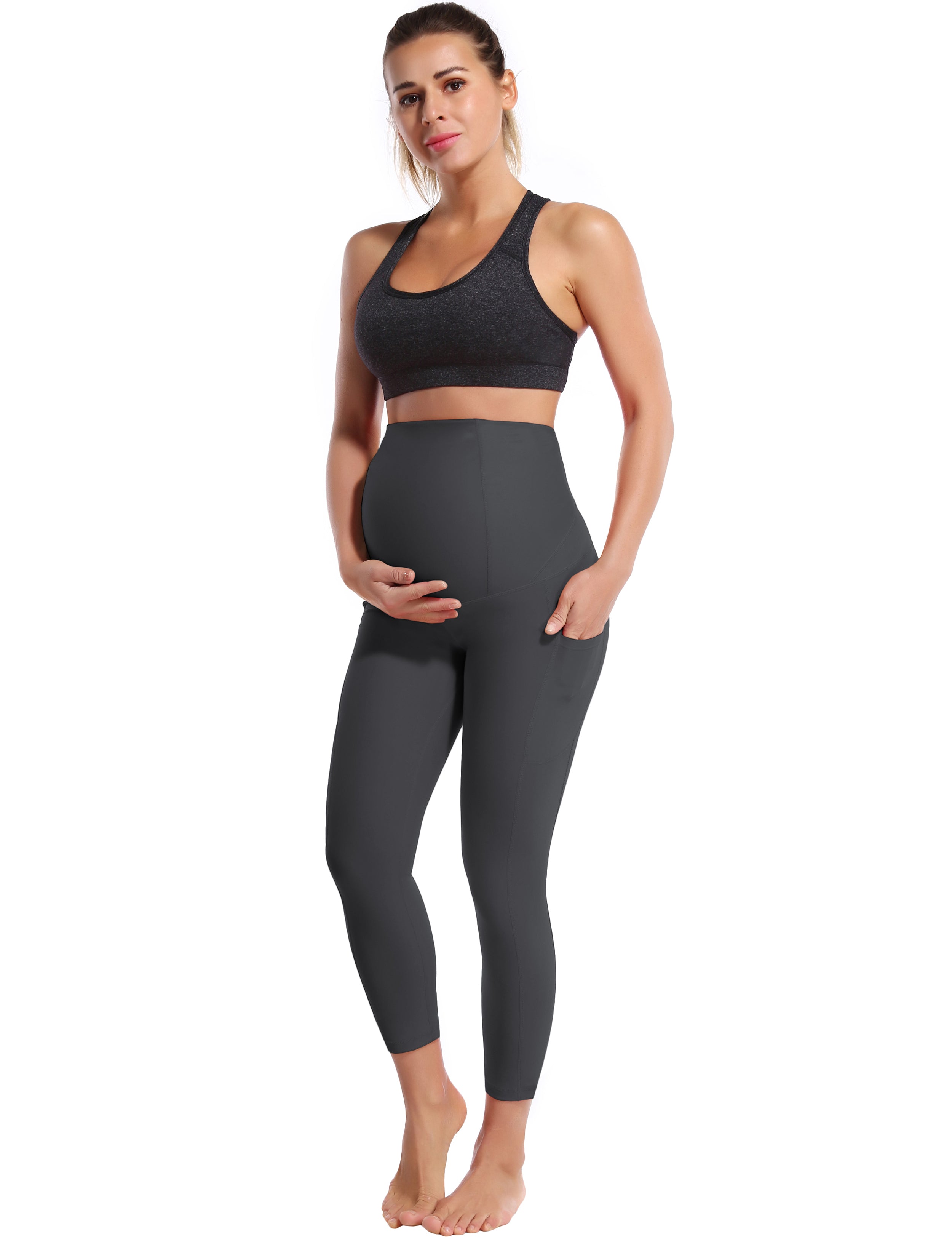 22" Side Pockets Maternity Gym Pants shadowcharcoal 87%Nylon/13%Spandex Softest-ever fabric High elasticity 4-way stretch Fabric doesn't attract lint easily No see-through Moisture-wicking Machine wash