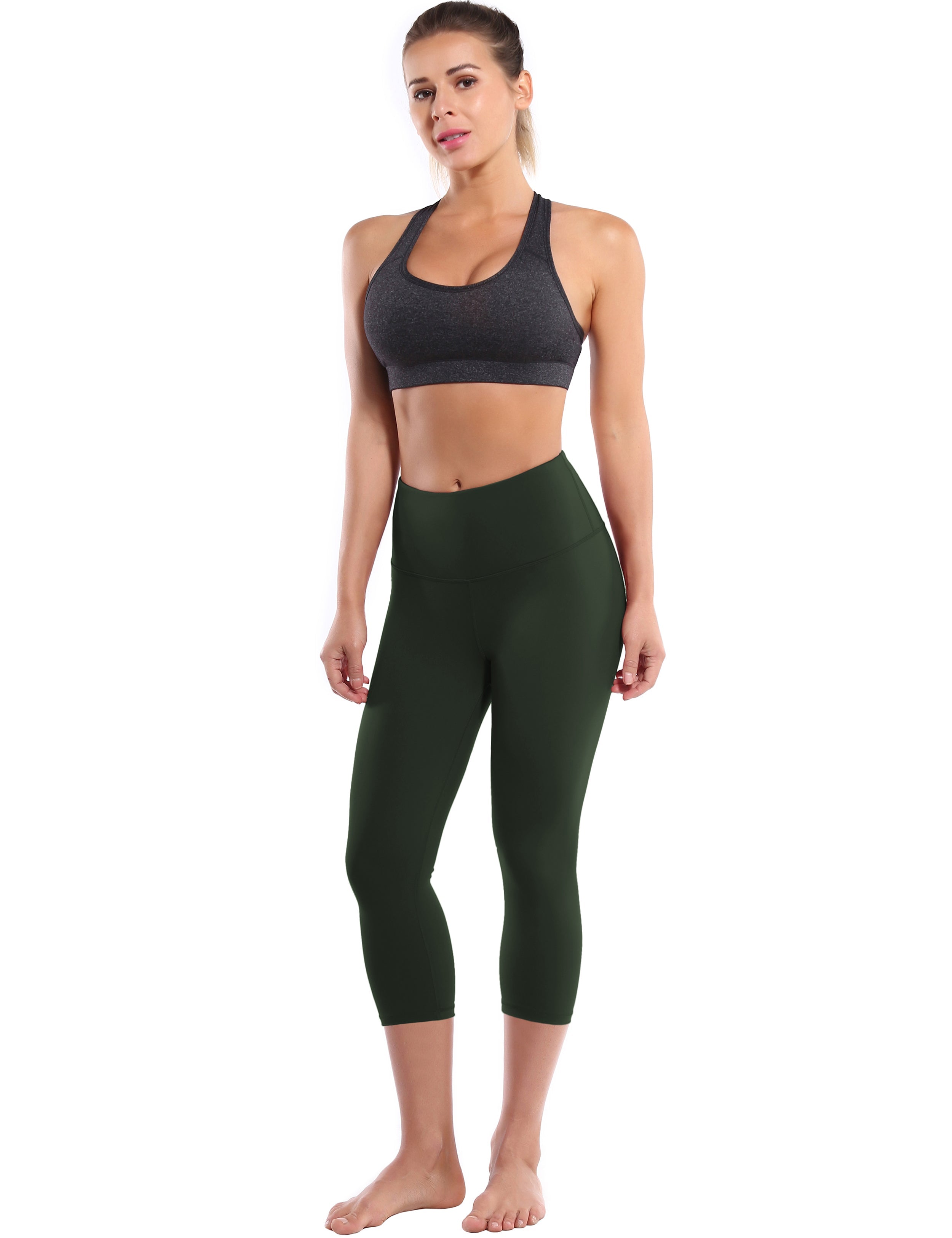 19" High Waist Crop Tight Capris olivegray 75%Nylon/25%Spandex Fabric doesn't attract lint easily 4-way stretch No see-through Moisture-wicking Tummy control Inner pocket