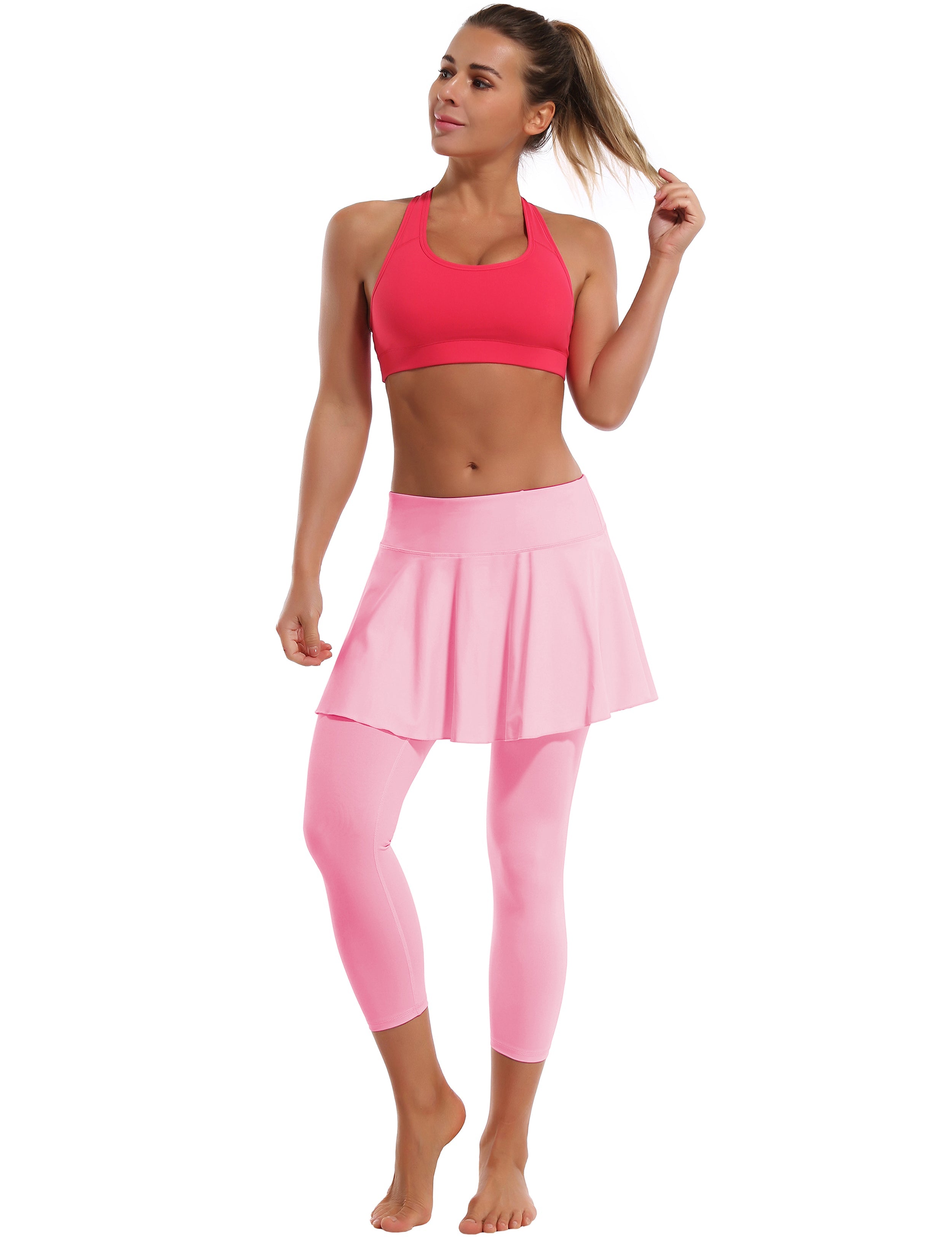 19" Capris Tennis Golf Skirted Leggings with Pockets lightpink 80%Nylon/20%Spandex UPF 50+ sun protection Elastic closure Lightweight, Wrinkle Moisture wicking Quick drying Secure & comfortable two layer Hidden pocket