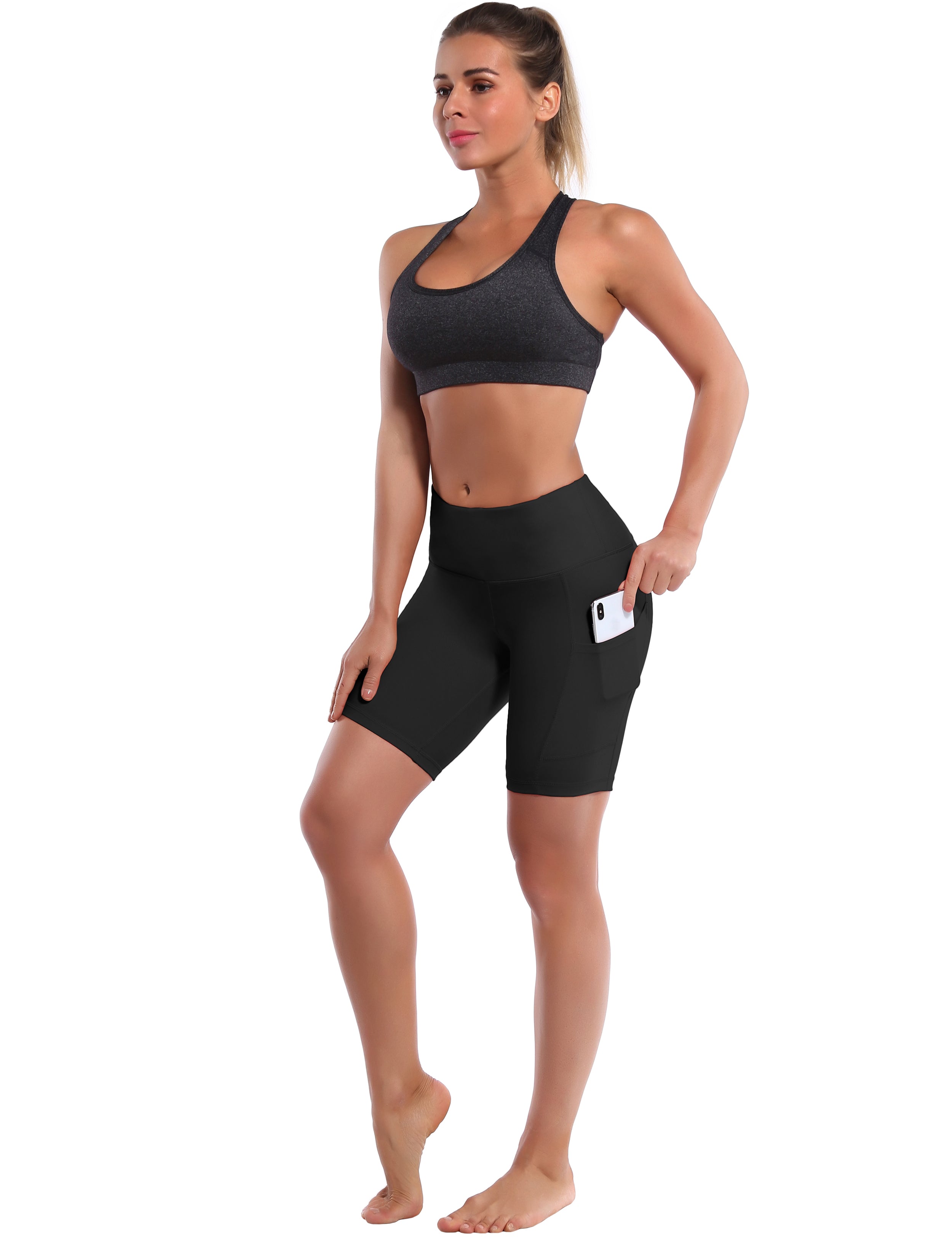 8" Side Pockets Yoga Shorts black Sleek, soft, smooth and totally comfortable: our newest style is here. Softest-ever fabric High elasticity High density 4-way stretch Fabric doesn't attract lint easily No see-through Moisture-wicking Machine wash 75% Nylon, 25% Spandex