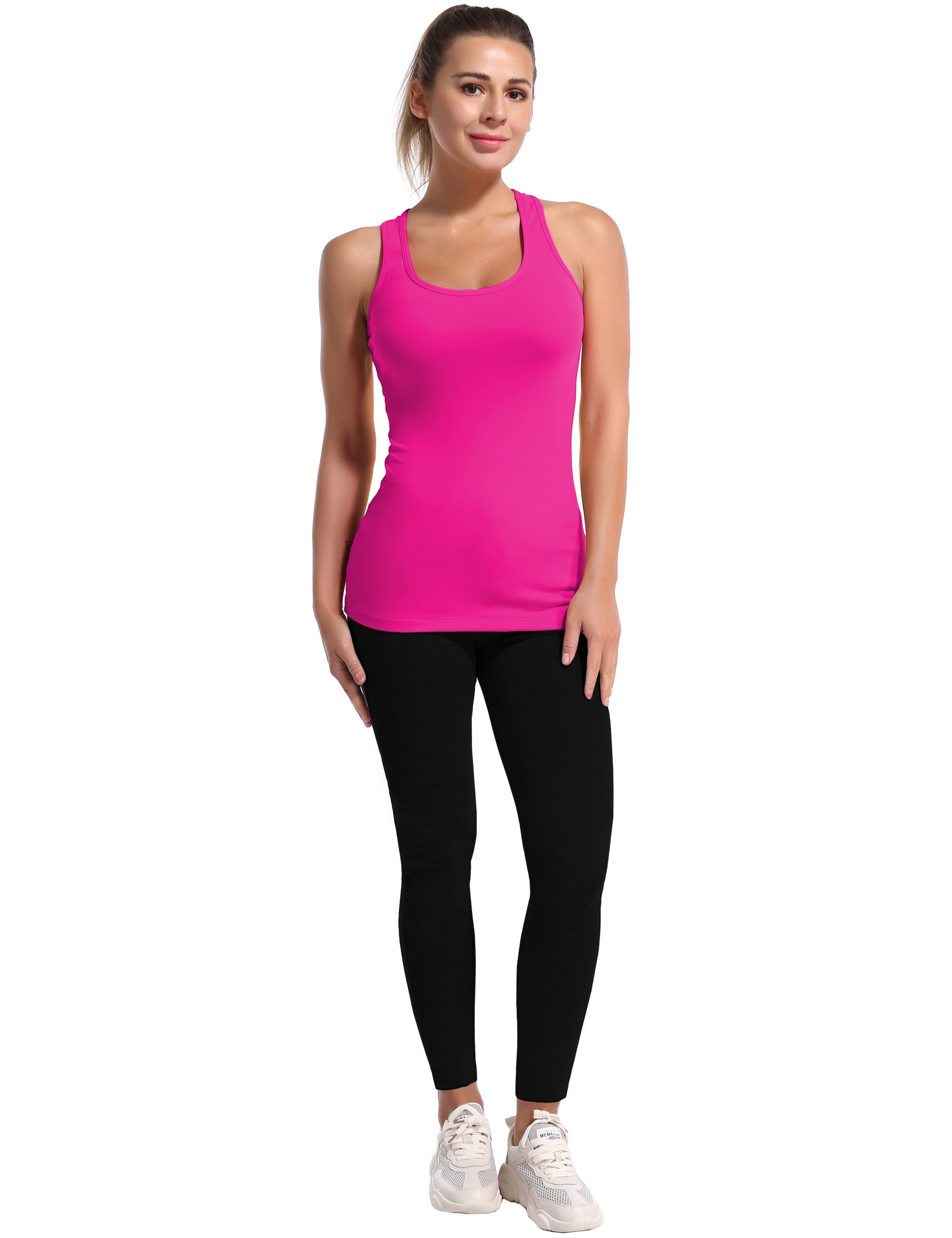 Racerback Athletic Tank Tops magenta 92%Nylon/8%Spandex(Cotton Soft) Designed for Pilates Tight Fit So buttery soft, it feels weightless Sweat-wicking Four-way stretch Breathable Contours your body Sits below the waistband for moderate, everyday coverage