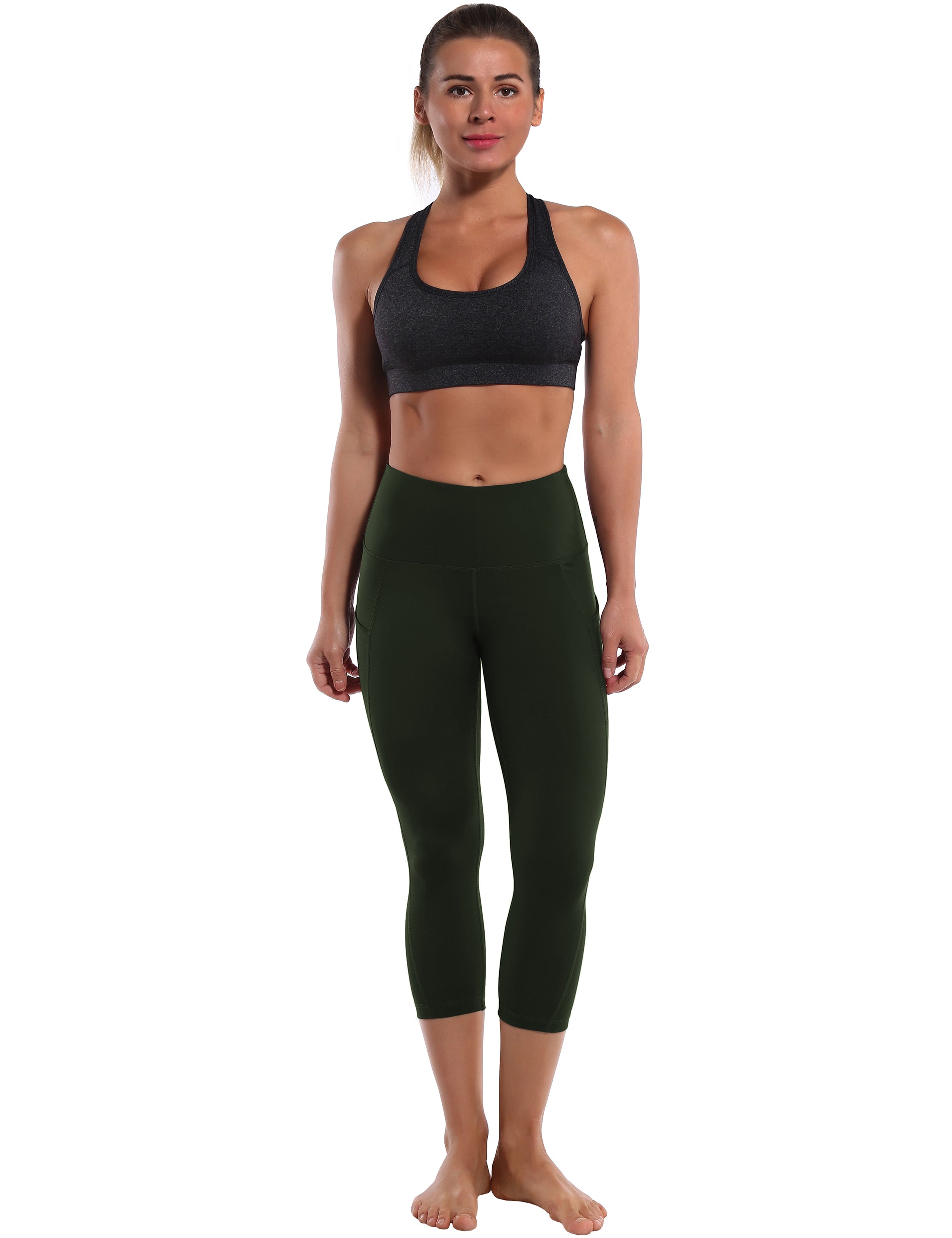 19" High Waist Side Pockets Capris olivegray 75%Nylon/25%Spandex Fabric doesn't attract lint easily 4-way stretch No see-through Moisture-wicking Tummy control Inner pocket