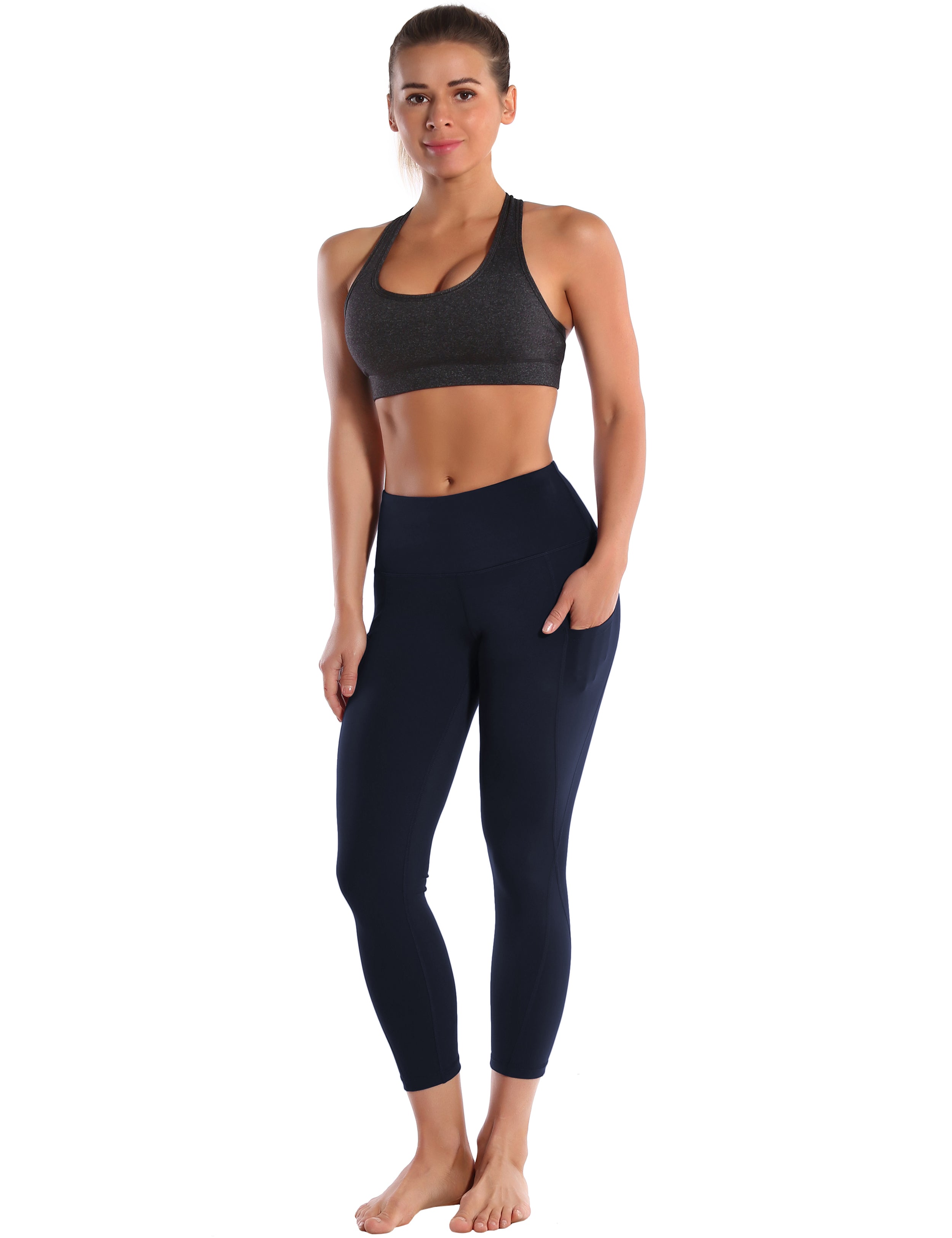 22" High Waist Side Pockets Capris darknavy 75%Nylon/25%Spandex Fabric doesn't attract lint easily 4-way stretch No see-through Moisture-wicking Tummy control Inner pocket