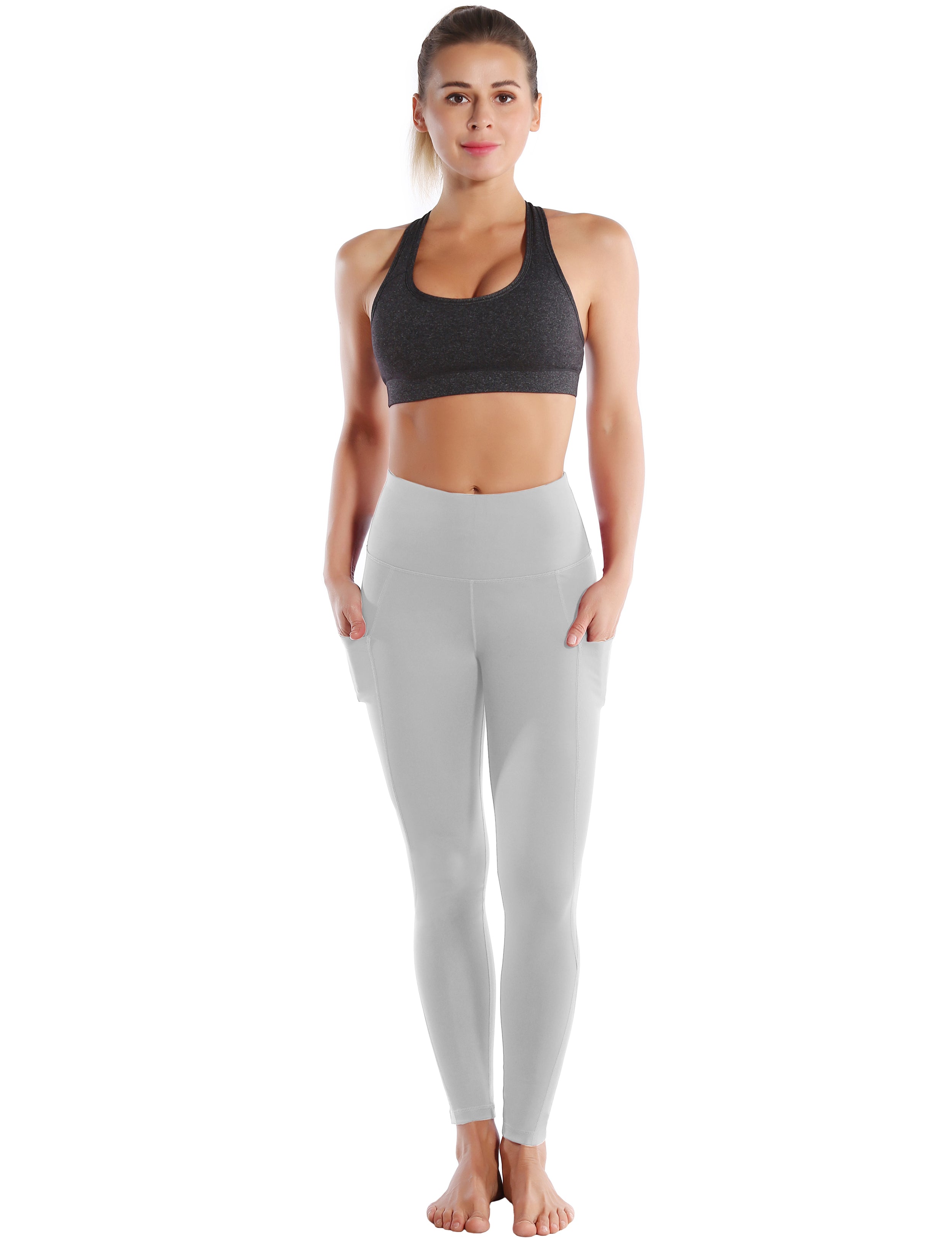 High Waist Side Pockets Gym Pants lightgray 75% Nylon, 25% Spandex Fabric doesn't attract lint easily 4-way stretch No see-through Moisture-wicking Tummy control Inner pocket