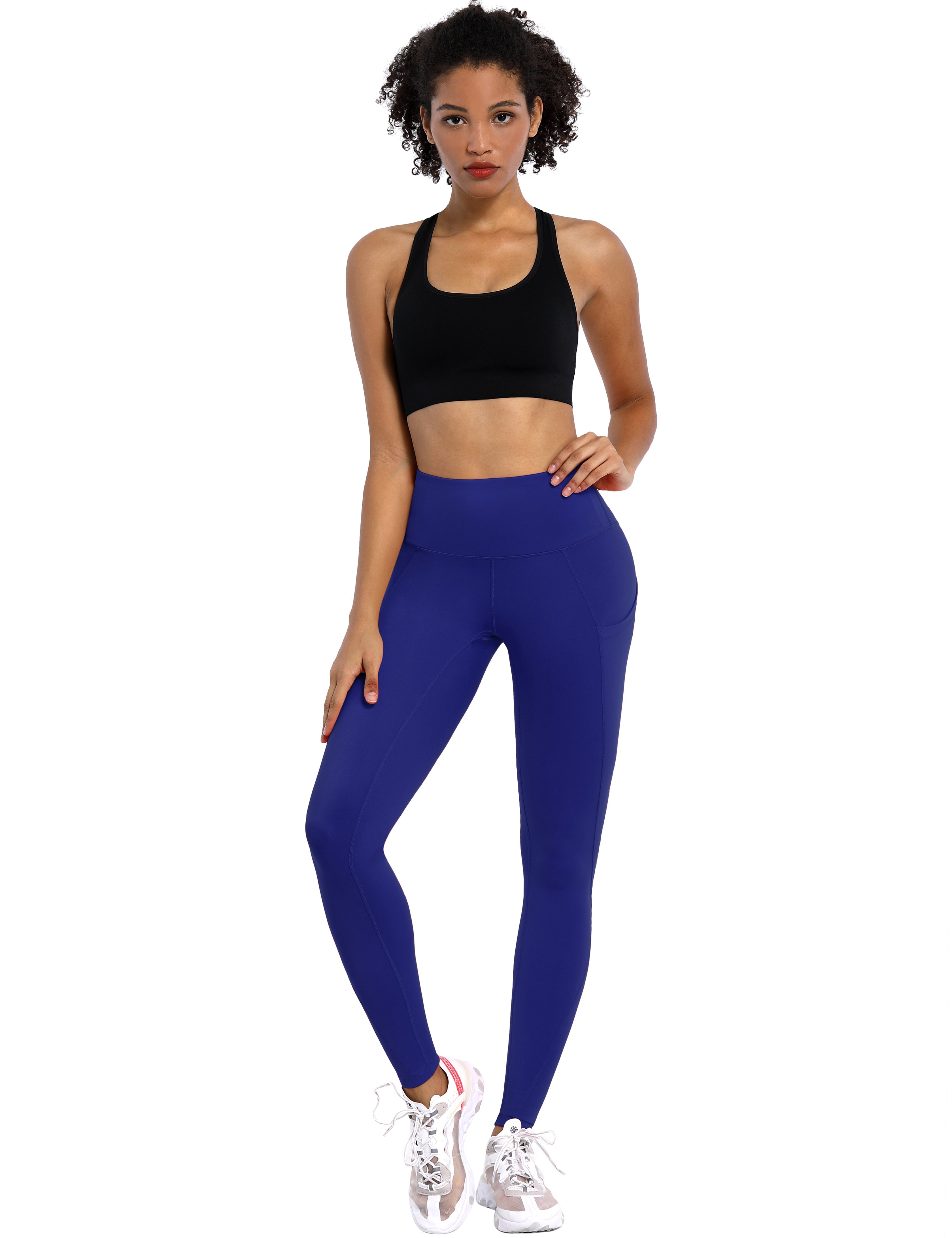 High Waist Side Pockets Running Pants navy 75% Nylon, 25% Spandex Fabric doesn't attract lint easily 4-way stretch No see-through Moisture-wicking Tummy control Inner pocket