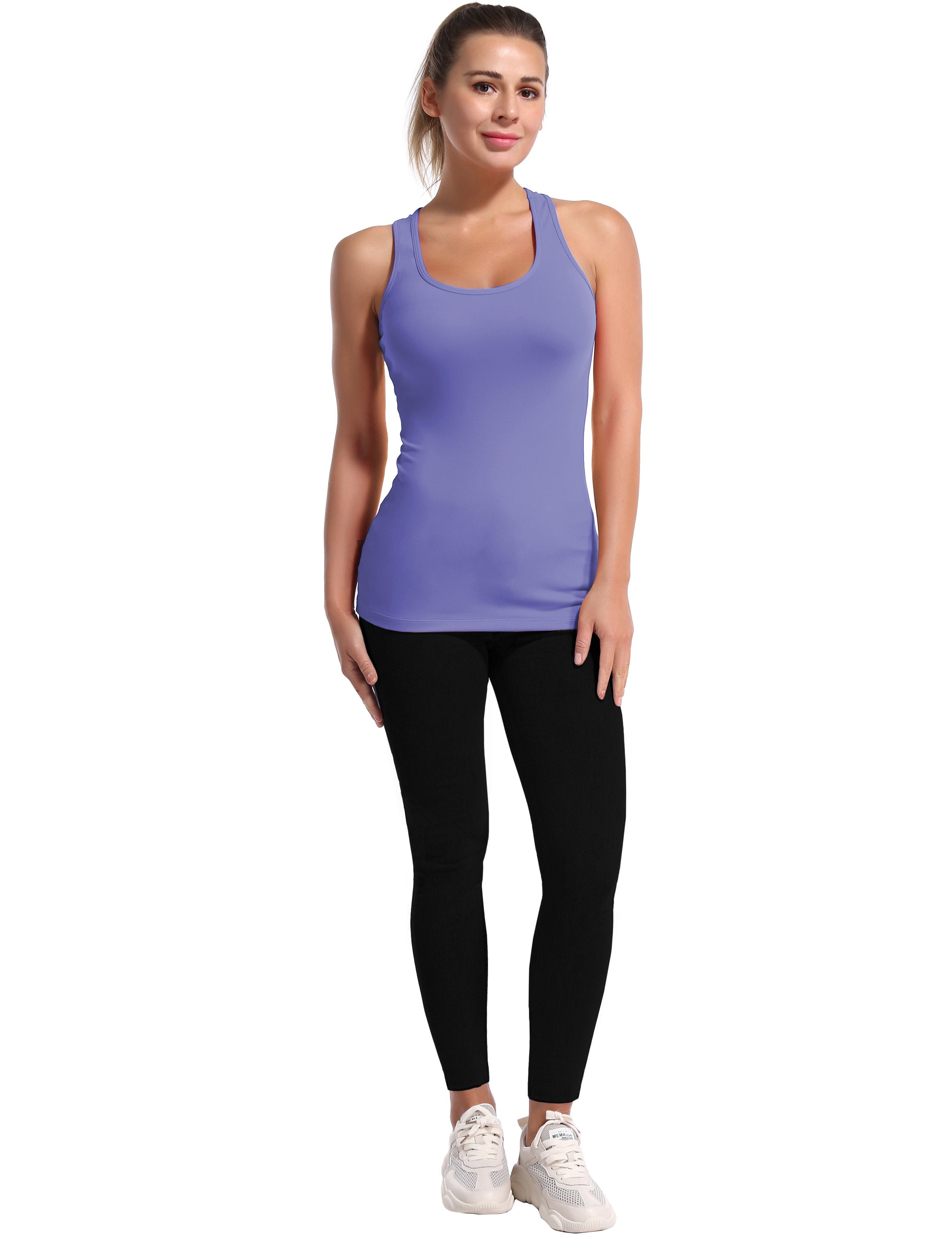 Racerback Athletic Tank Tops lavender 92%Nylon/8%Spandex(Cotton Soft) Designed for Jogging Tight Fit So buttery soft, it feels weightless Sweat-wicking Four-way stretch Breathable Contours your body Sits below the waistband for moderate, everyday coverage