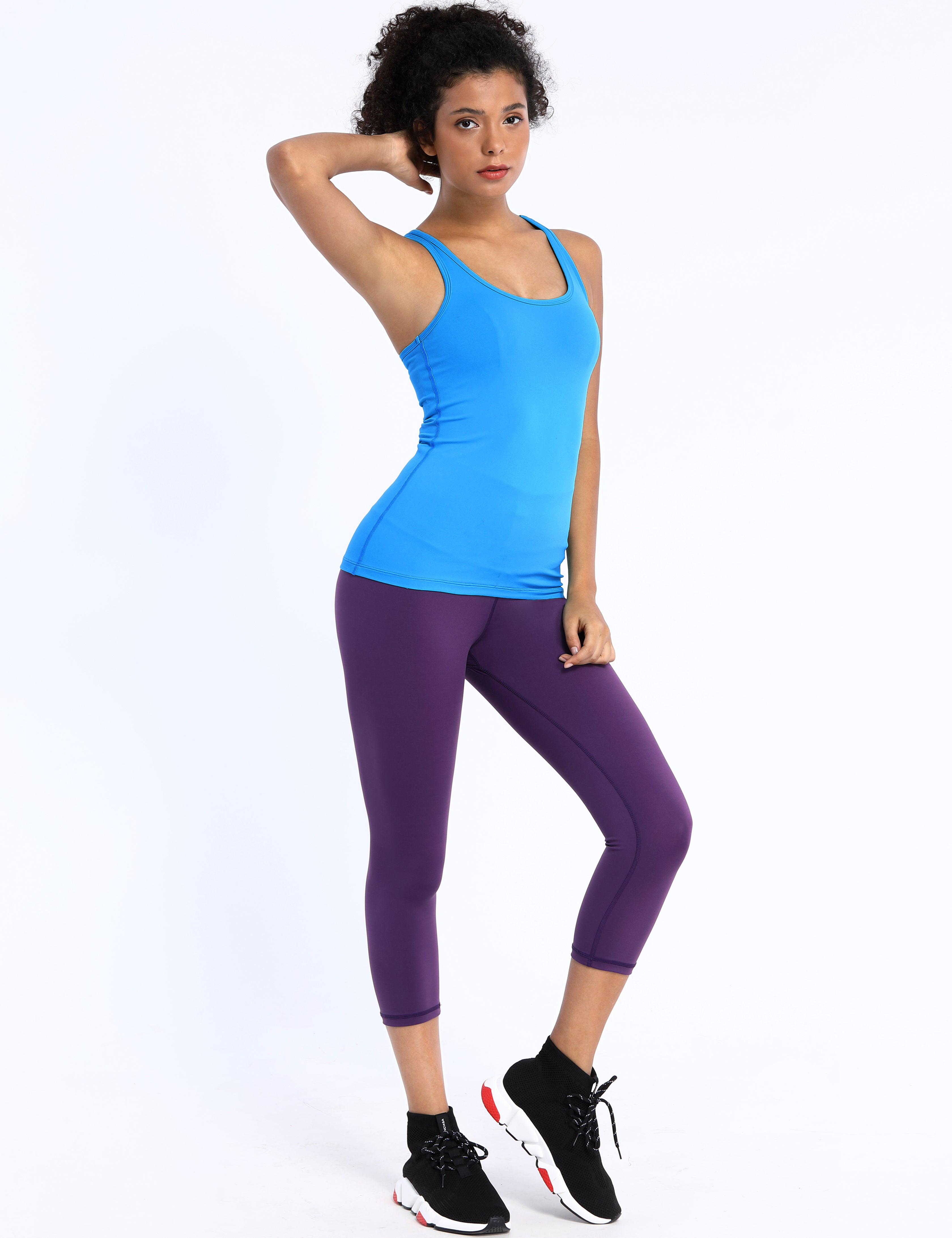 Racerback Athletic Tank Tops electricblue 92%Nylon/8%Spandex(Cotton Soft) Designed for Pilates Tight Fit So buttery soft, it feels weightless Sweat-wicking Four-way stretch Breathable Contours your body Sits below the waistband for moderate, everyday coverage