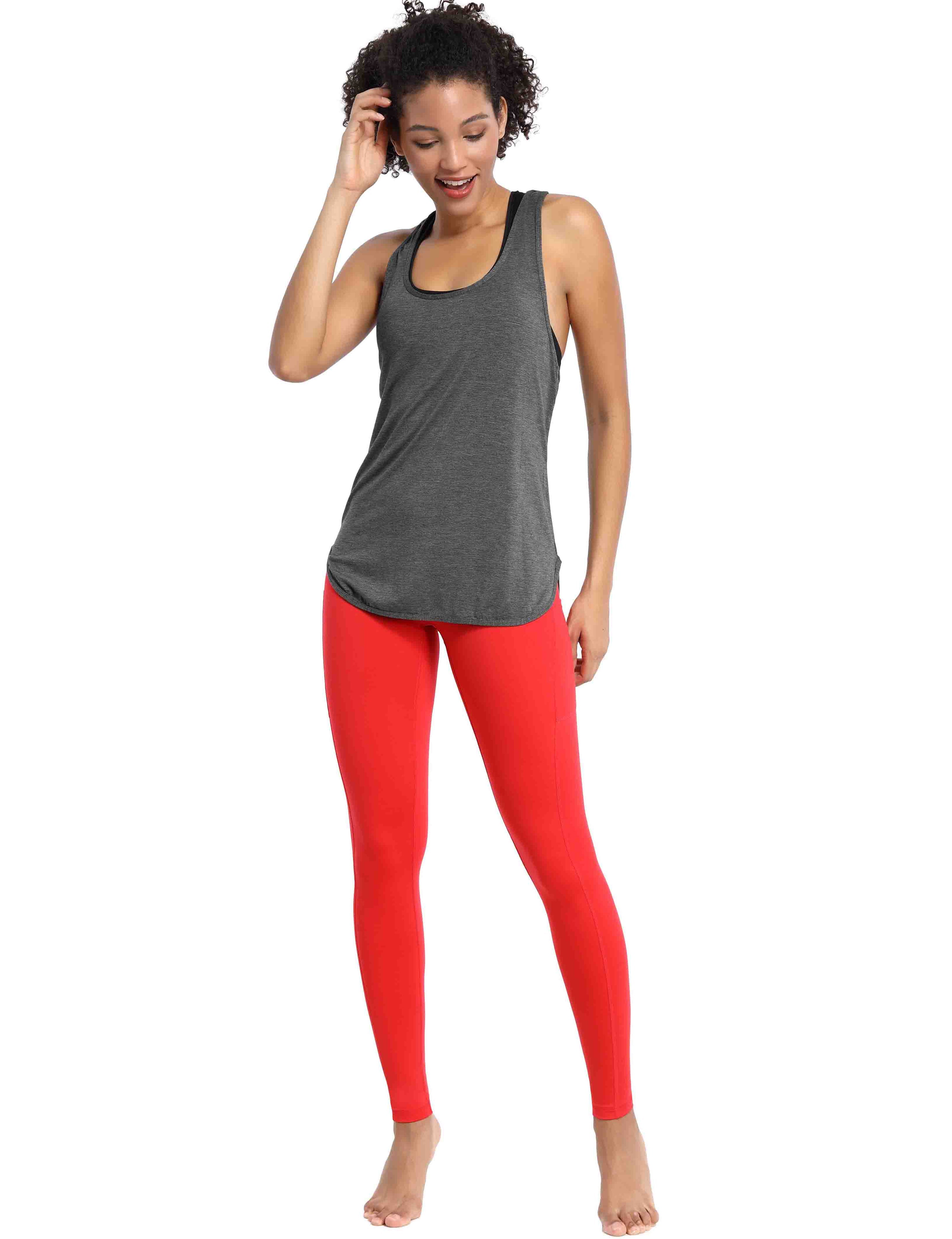 Loose Fit Racerback Tank Top heathercharcoal Designed for On the Move Loose fit 93%Modal/7%Spandex Four-way stretch Naturally breathable Super-Soft, Modal Fabric