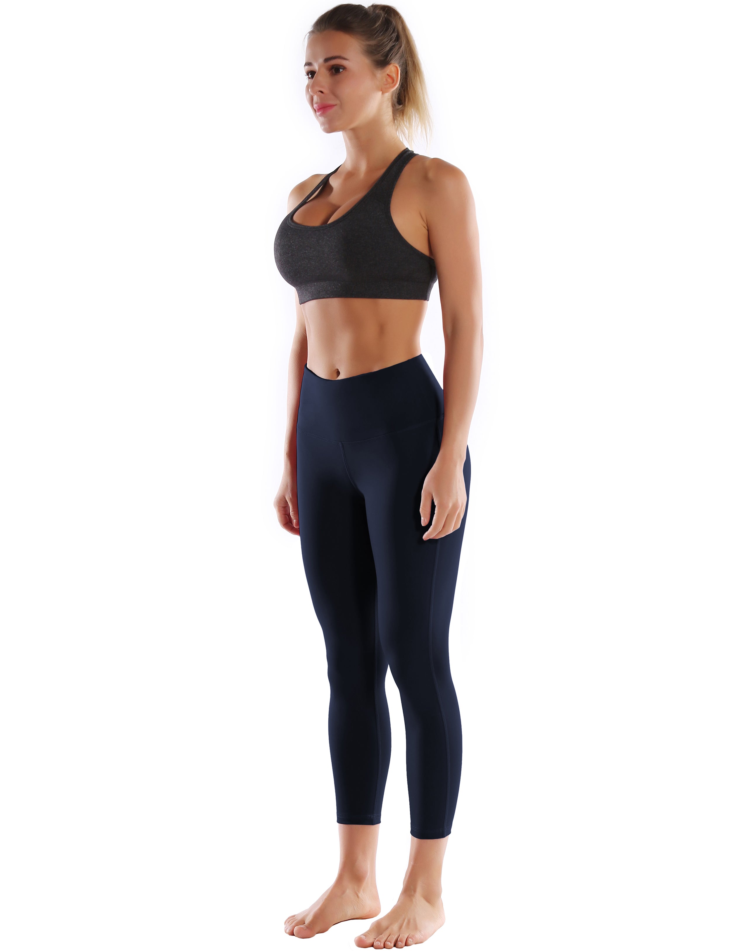 22" High Waist Side Line Capris darknavy 75%Nylon/25%Spandex Fabric doesn't attract lint easily 4-way stretch No see-through Moisture-wicking Tummy control Inner pocket