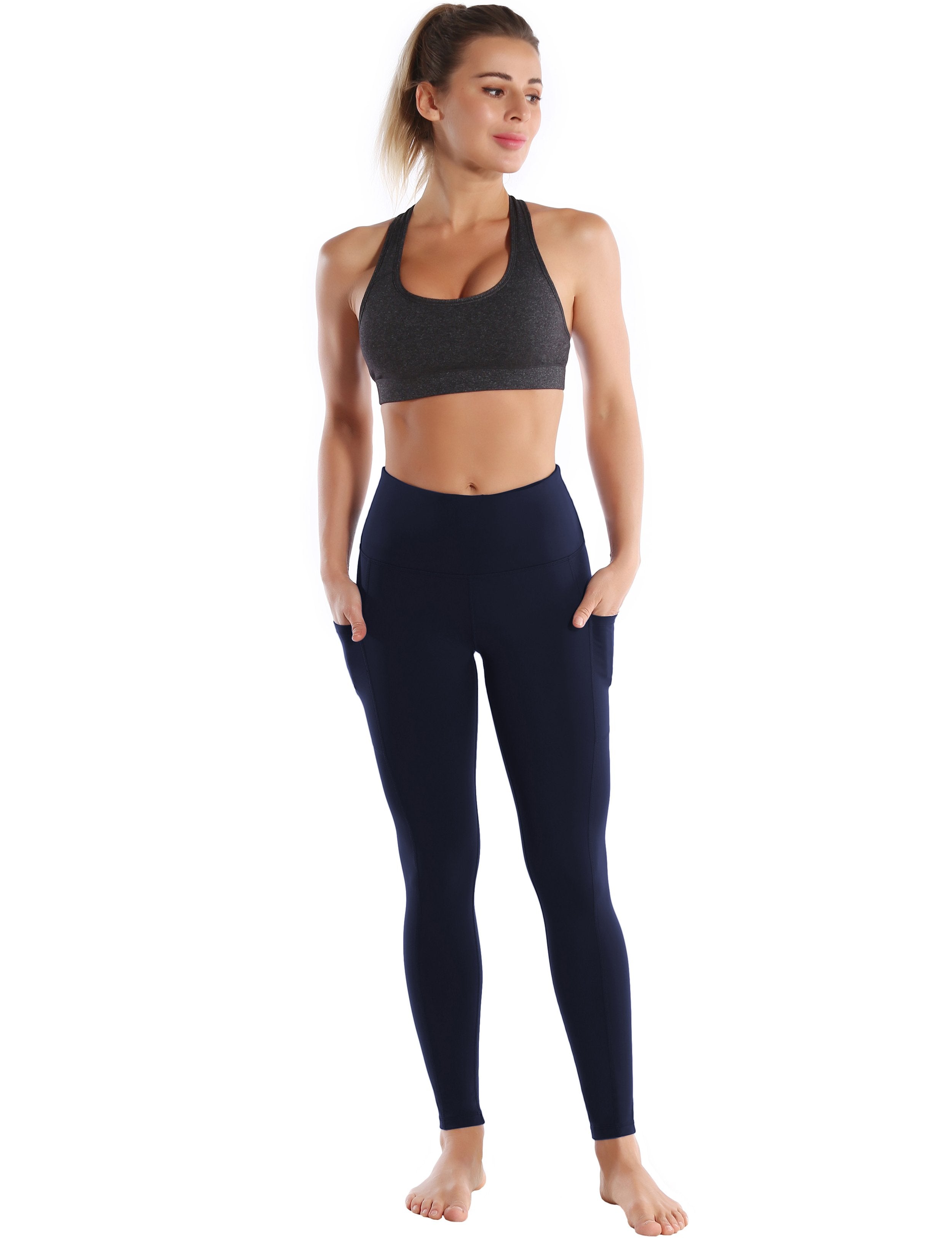 Hip Line Side Pockets Yoga Pants darknavy Sexy Hip Line Side Pockets 75%Nylon/25%Spandex Fabric doesn't attract lint easily 4-way stretch No see-through Moisture-wicking Tummy control Inner pocket Two lengths