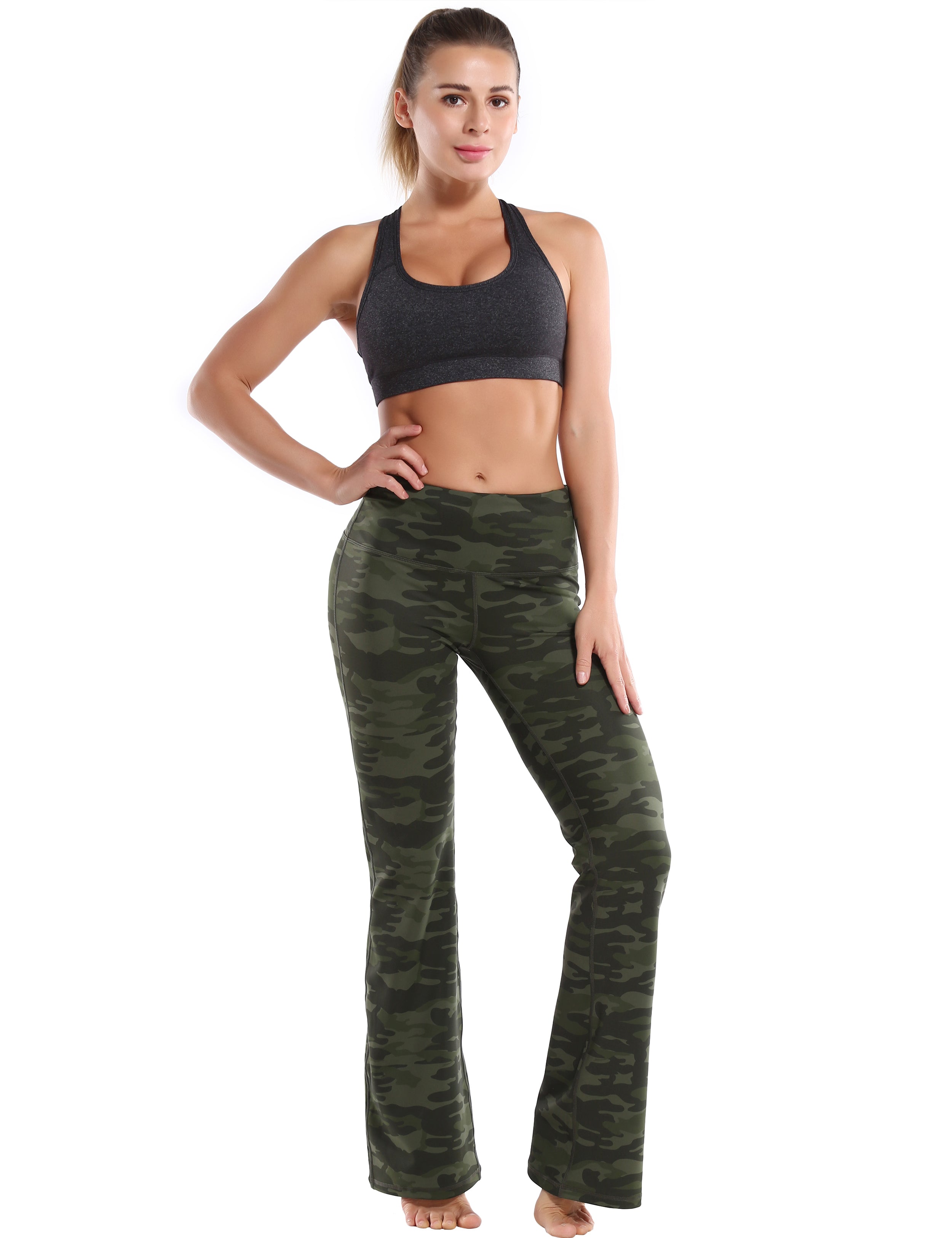 High Waist Printed Bootcut Leggings green camo 78%Polyester/22%Spandex Fabric doesn't attract lint easily 4-way stretch No see-through Moisture-wicking Tummy control Inner pocket Five lengths