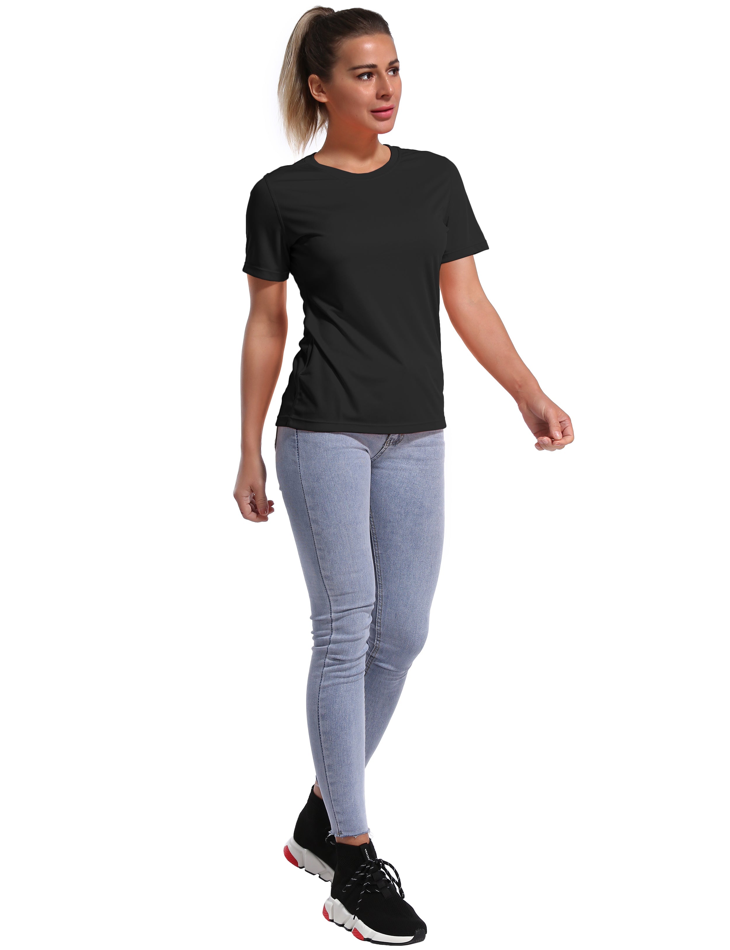 Short Sleeve Athletic Shirts black 100% polyester Lightweight Slim Fit UPF 50+ blocks sun's harmful rays Treated to wick moisture, dries ultra-fast