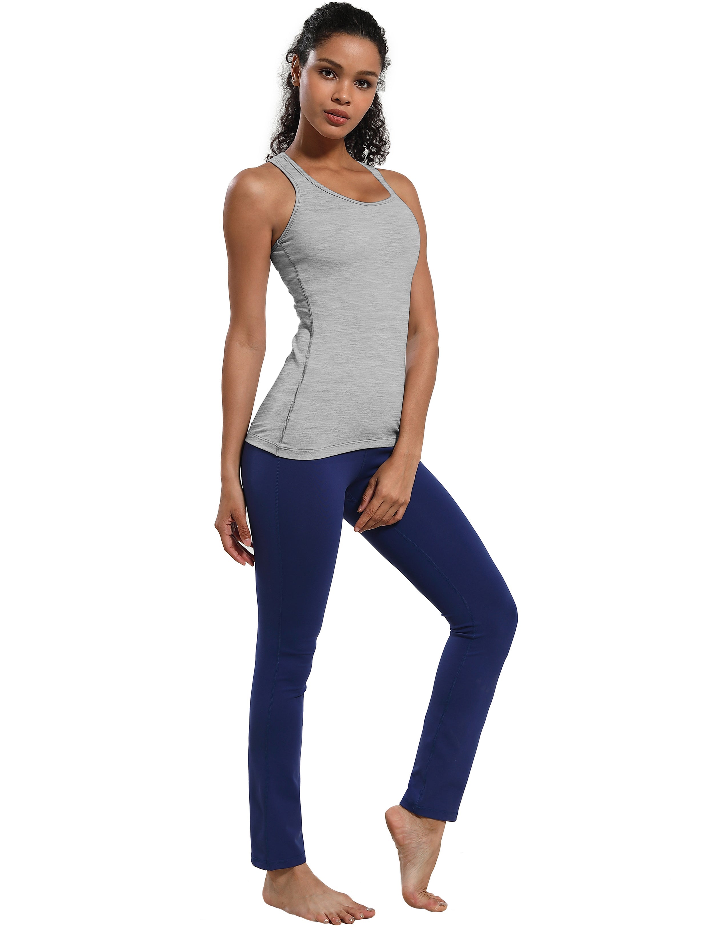 Racerback Athletic Tank Tops heathergray 92%Nylon/8%Spandex(Cotton Soft) Designed for Pilates Tight Fit So buttery soft, it feels weightless Sweat-wicking Four-way stretch Breathable Contours your body Sits below the waistband for moderate, everyday coverage