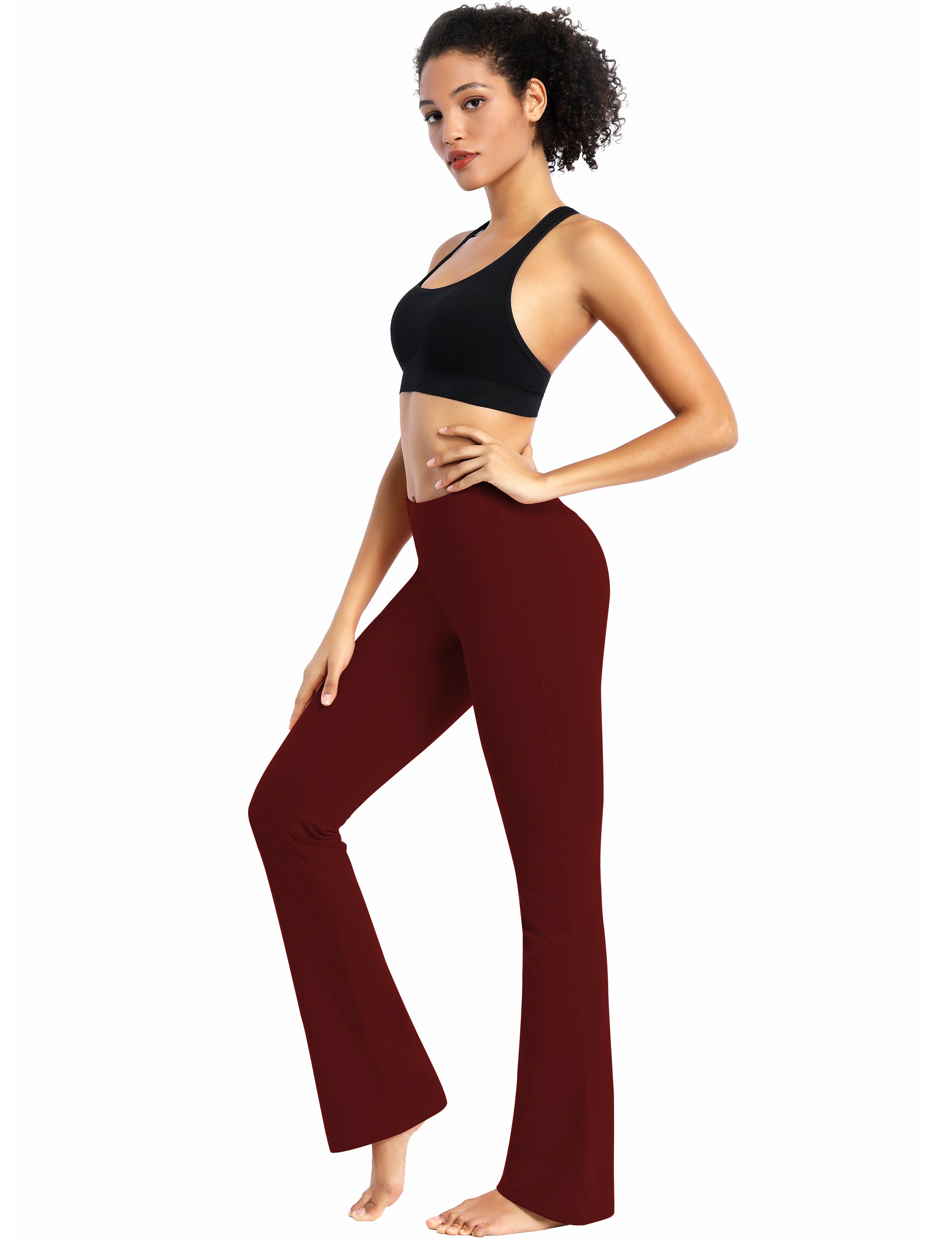 Cotton Nylon Bootcut Leggings cherryred 87%Nylon/13%Spandex (Super soft, cotton feel , 280gsm) Fabric doesn't attract lint easily 4-way stretch No see-through Moisture-wicking Inner pocket Four lengths