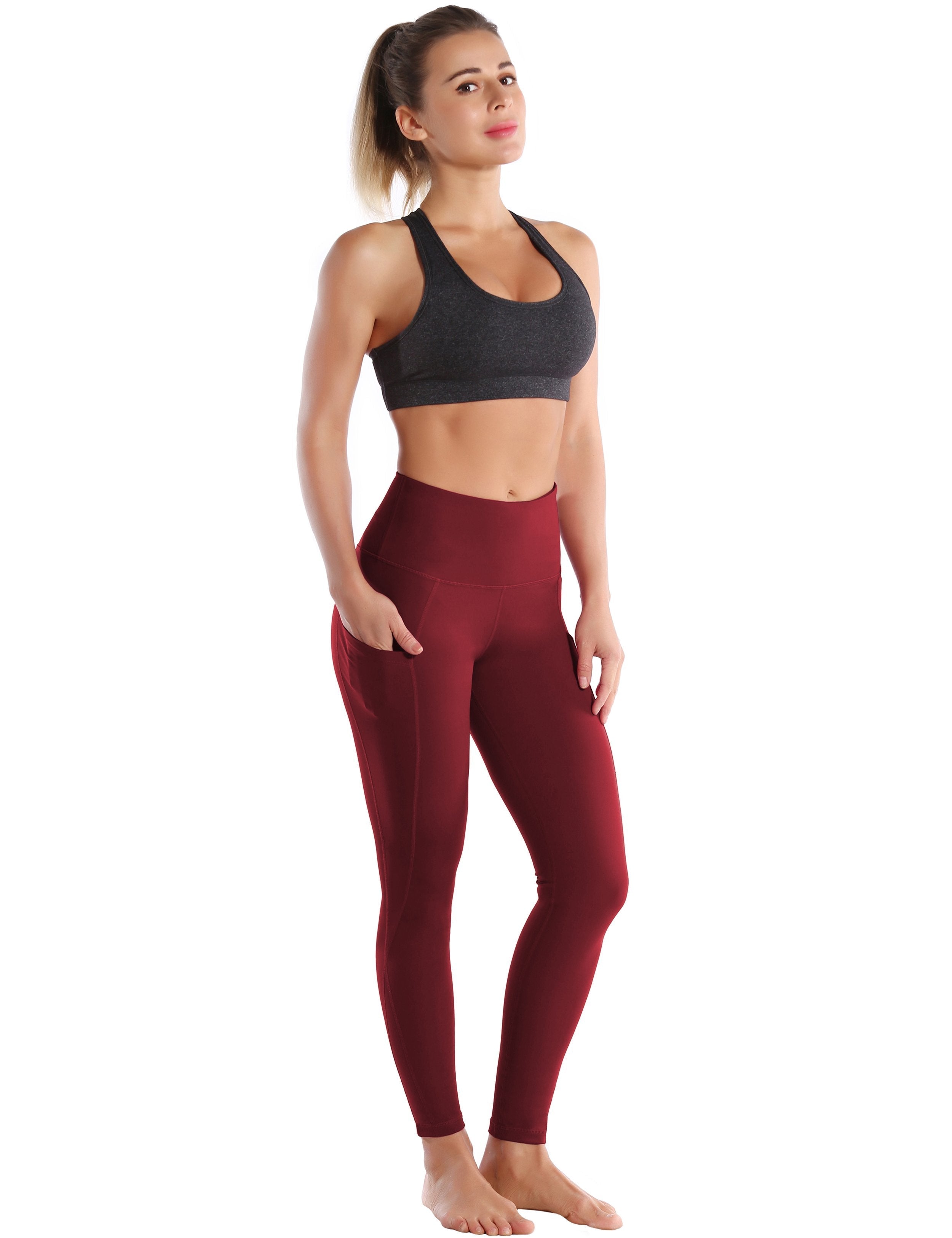 High Waist Side Pockets Tall Size Pants cherryred 75% Nylon, 25% Spandex Fabric doesn't attract lint easily 4-way stretch No see-through Moisture-wicking Tummy control Inner pocket