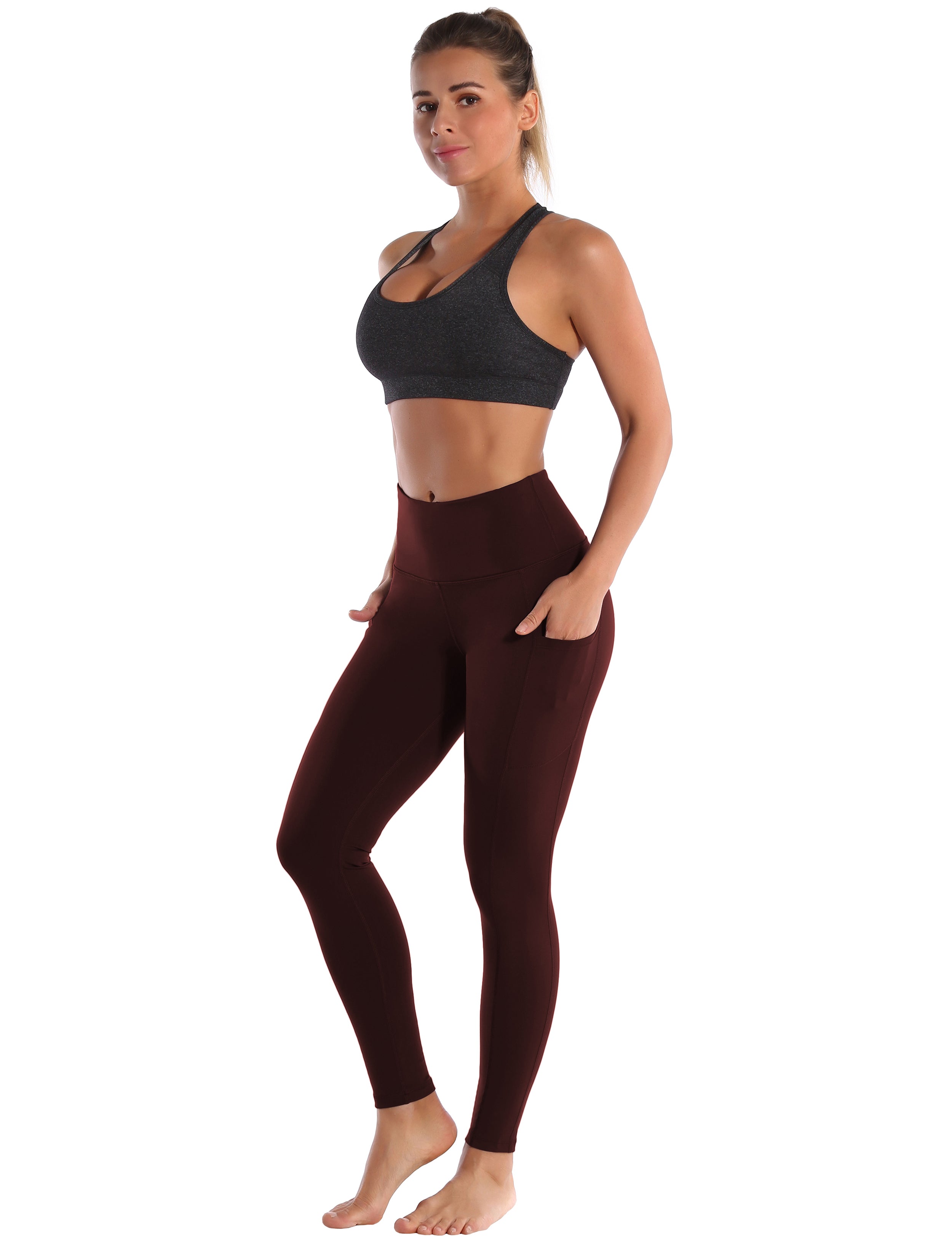 Hip Line Side Pockets Yoga Pants mahoganymaroon Sexy Hip Line Side Pockets 75%Nylon/25%Spandex Fabric doesn't attract lint easily 4-way stretch No see-through Moisture-wicking Tummy control Inner pocket Two lengths