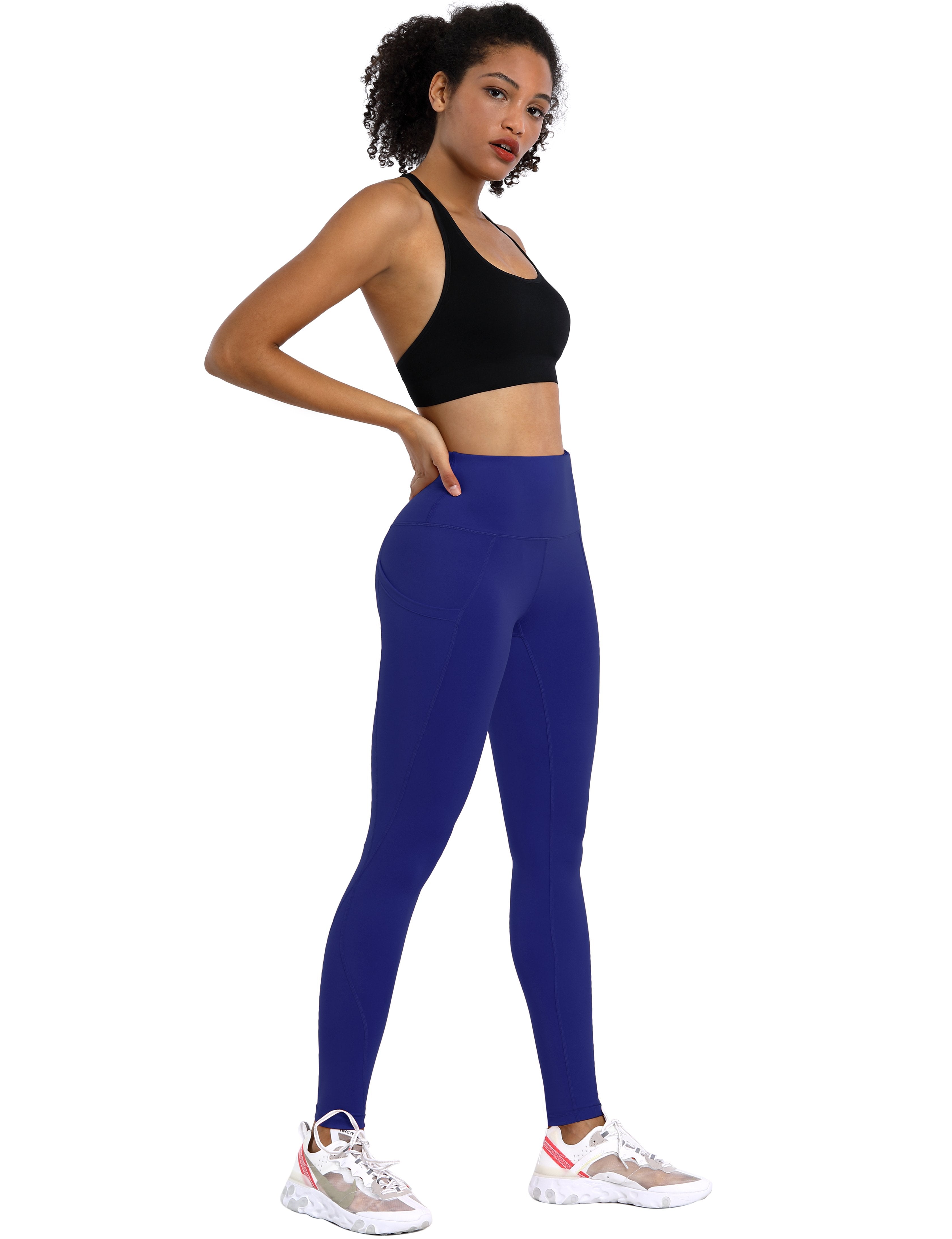 High Waist Side Pockets Gym Pants navy 75% Nylon, 25% Spandex Fabric doesn't attract lint easily 4-way stretch No see-through Moisture-wicking Tummy control Inner pocket