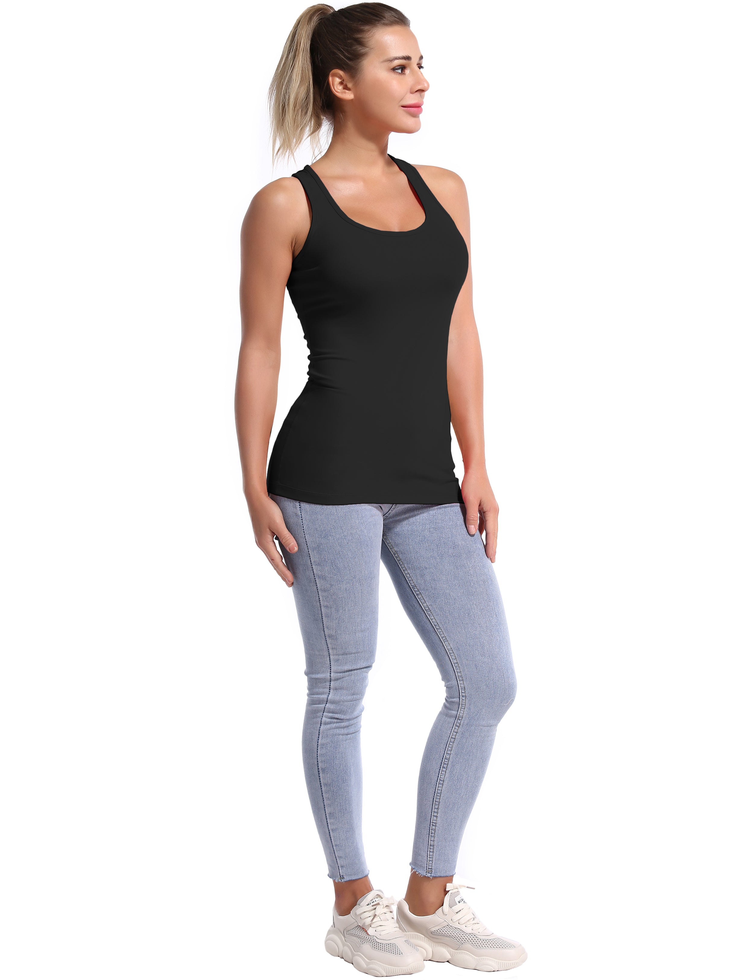 Racerback Athletic Tank Tops black 92%Nylon/8%Spandex(Cotton Soft) Designed for Yoga Tight Fit So buttery soft, it feels weightless Sweat-wicking Four-way stretch Breathable Contours your body Sits below the waistband for moderate, everyday coverage