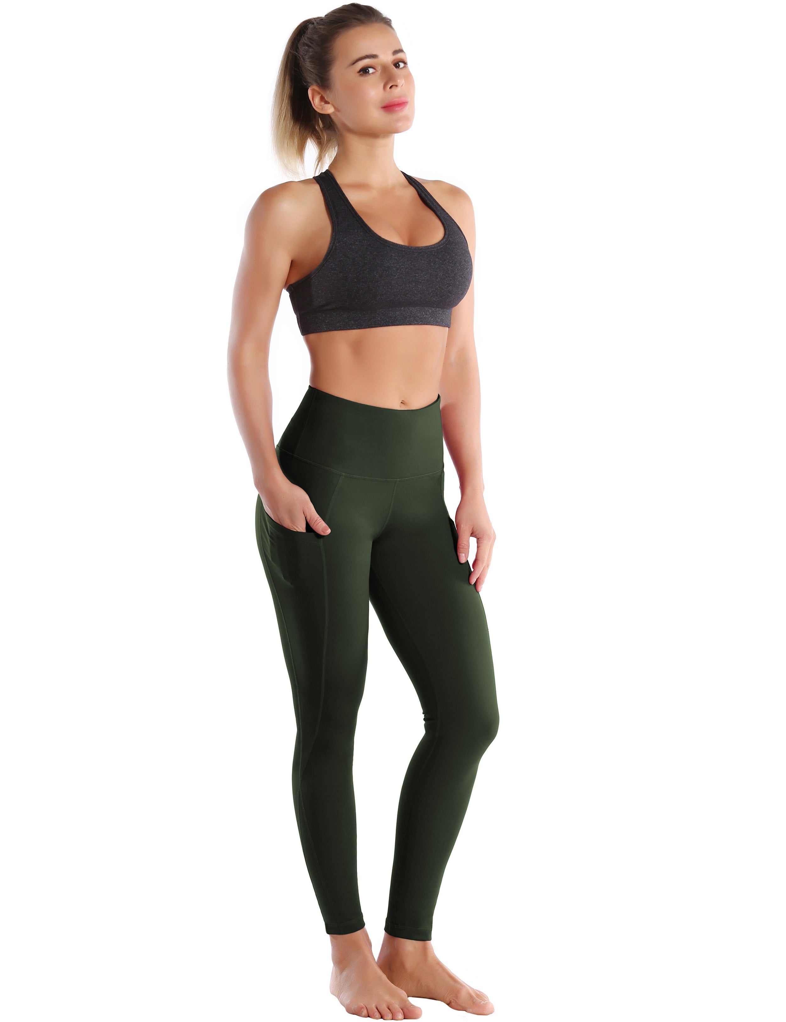 High Waist Side Pockets Yoga Pants olivegray 75% Nylon, 25% Spandex Fabric doesn't attract lint easily 4-way stretch No see-through Moisture-wicking Tummy control Inner pocket