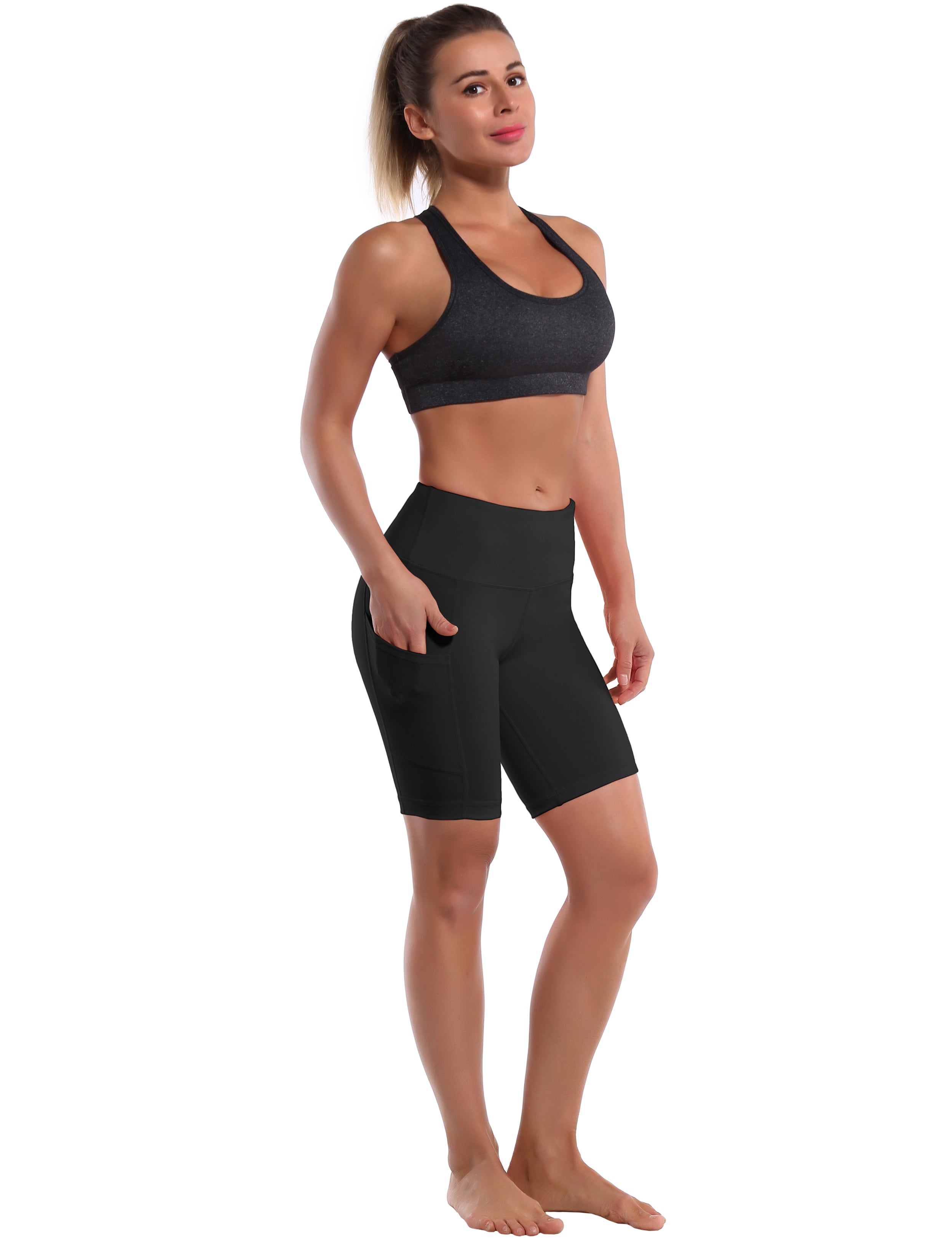 8" Side Pockets Pilates Shorts black Sleek, soft, smooth and totally comfortable: our newest style is here. Softest-ever fabric High elasticity High density 4-way stretch Fabric doesn't attract lint easily No see-through Moisture-wicking Machine wash 75% Nylon, 25% Spandex