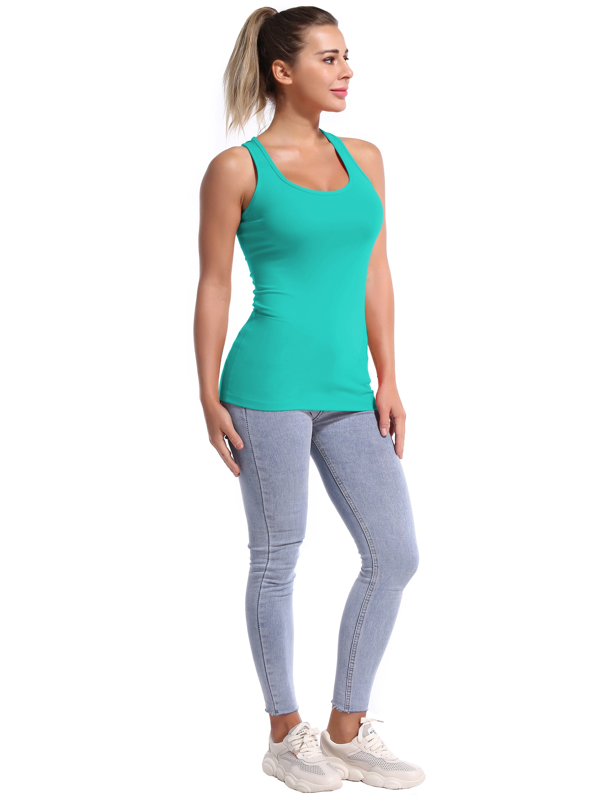 Racerback Athletic Tank Tops cyan 92%Nylon/8%Spandex(Cotton Soft) Designed for Jogging Tight Fit So buttery soft, it feels weightless Sweat-wicking Four-way stretch Breathable Contours your body Sits below the waistband for moderate, everyday coverage