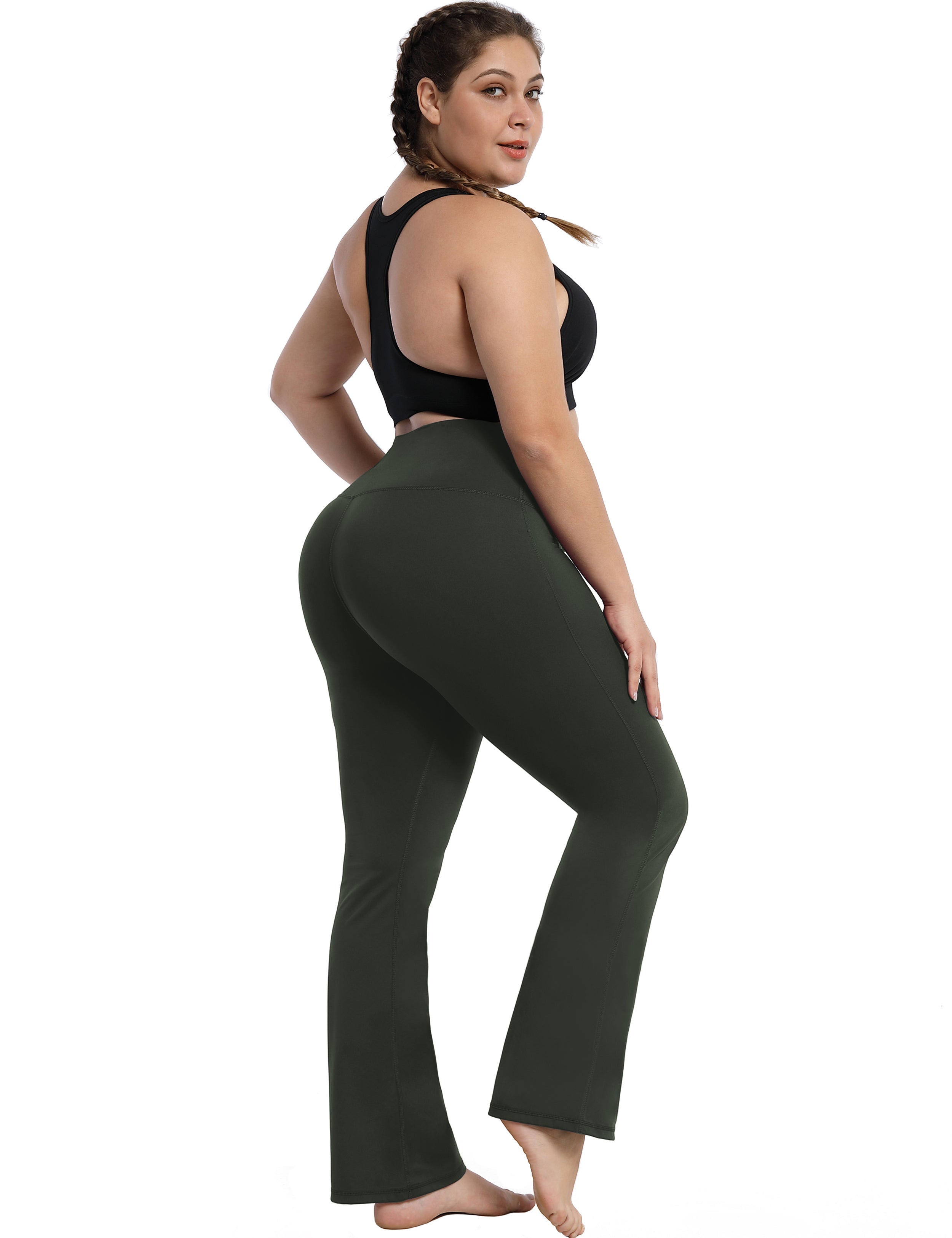 High Waist Bootcut Leggings Olivegray 75%Nylon/25%Spandex Fabric doesn't attract lint easily 4-way stretch No see-through Moisture-wicking Tummy control Inner pocket Five lengths