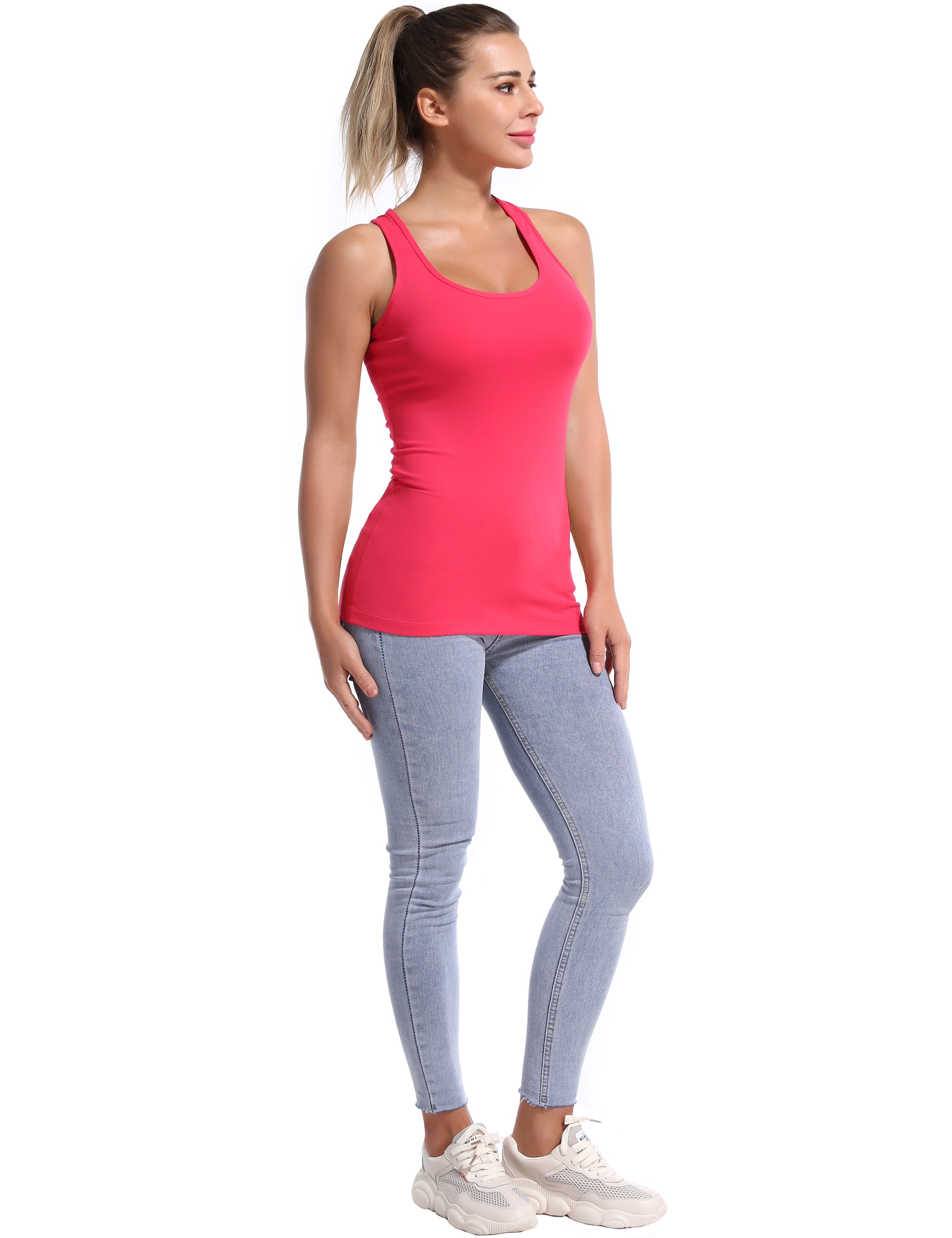 Racerback Athletic Tank Tops red 92%Nylon/8%Spandex(Cotton Soft) Designed for Golf Tight Fit So buttery soft, it feels weightless Sweat-wicking Four-way stretch Breathable Contours your body Sits below the waistband for moderate, everyday coverage
