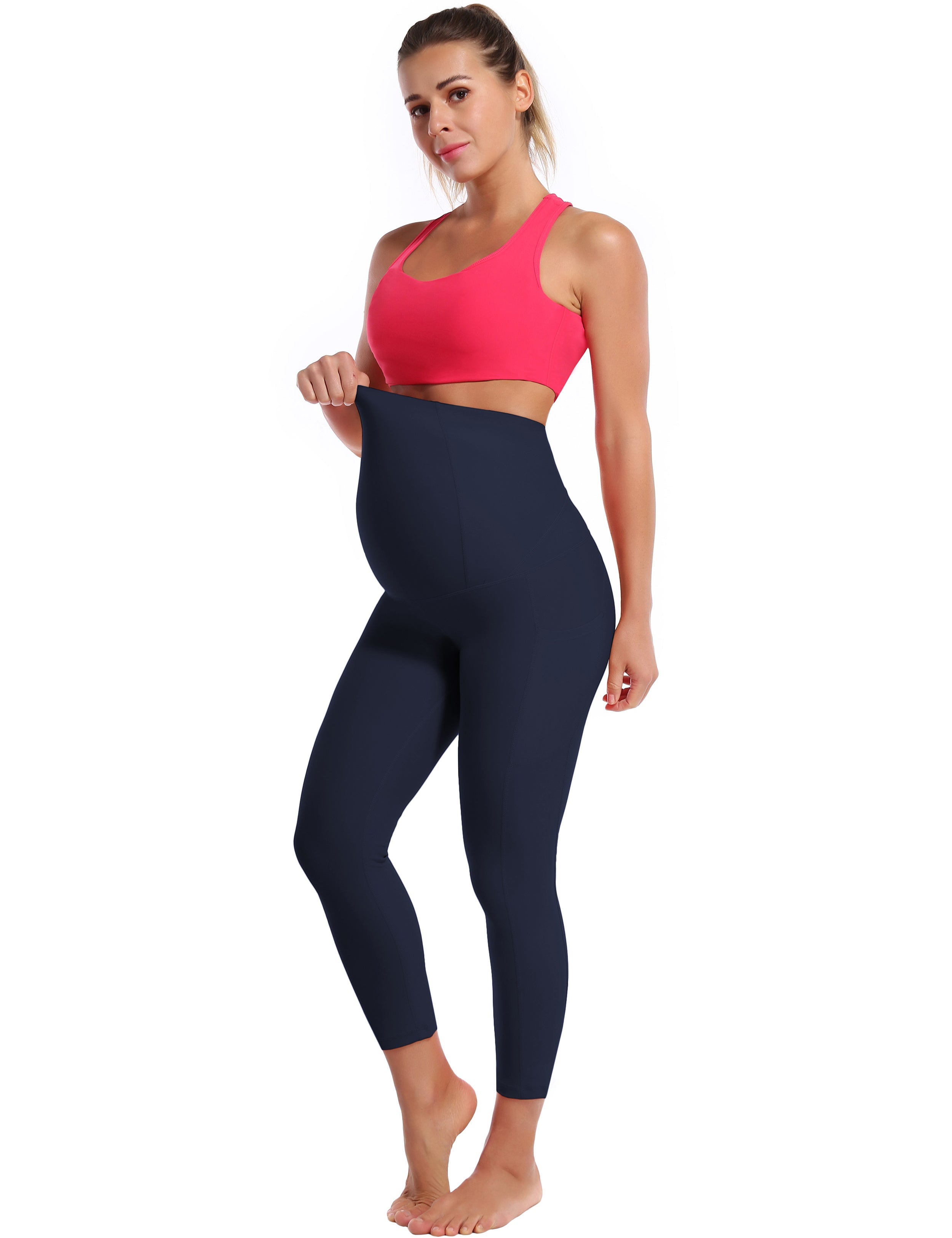 22" Side Pockets Maternity Gym Pants darknavy 87%Nylon/13%Spandex Softest-ever fabric High elasticity 4-way stretch Fabric doesn't attract lint easily No see-through Moisture-wicking Machine wash