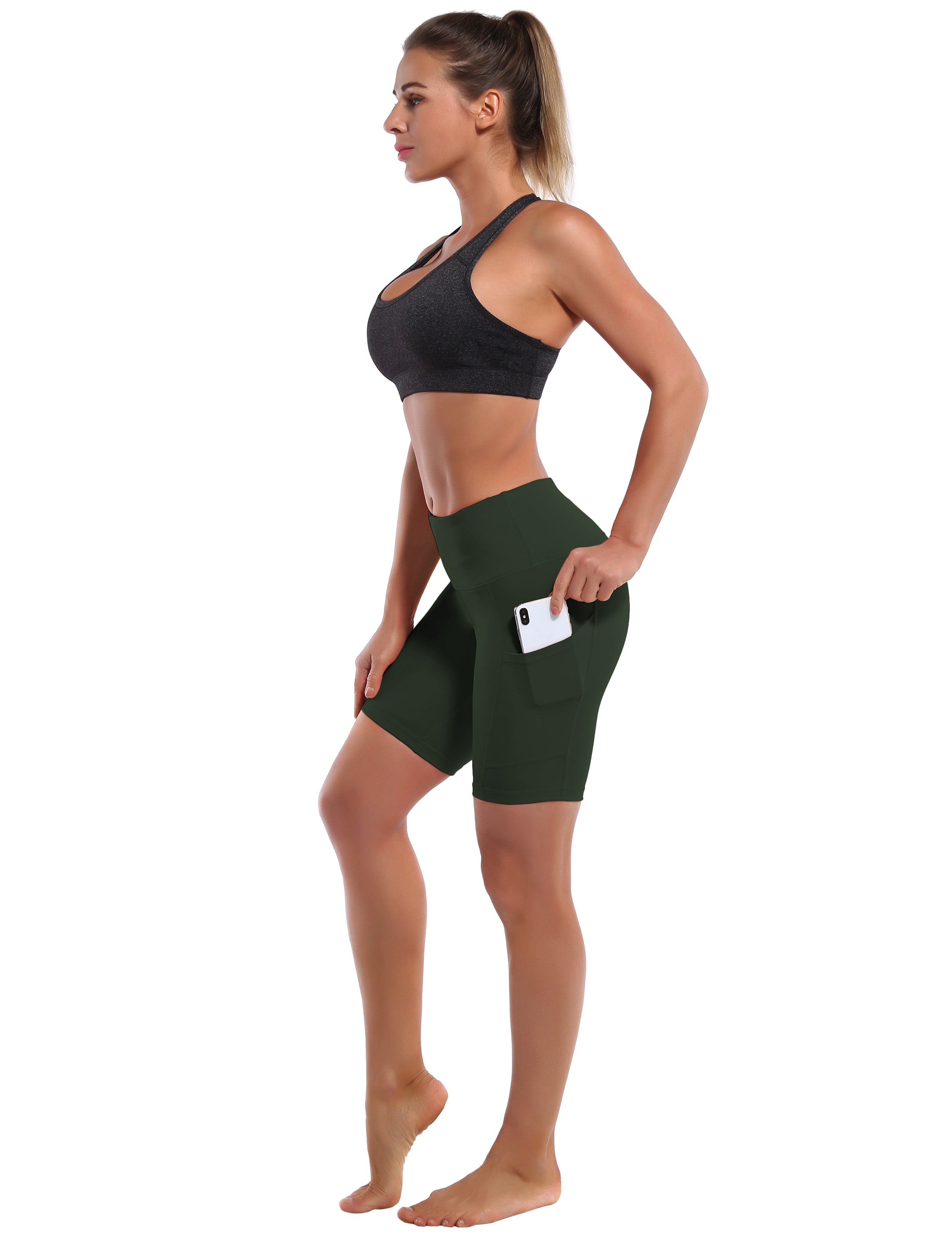8" Side Pockets Pilates Shorts olivegray Sleek, soft, smooth and totally comfortable: our newest style is here. Softest-ever fabric High elasticity High density 4-way stretch Fabric doesn't attract lint easily No see-through Moisture-wicking Machine wash 75% Nylon, 25% Spandex