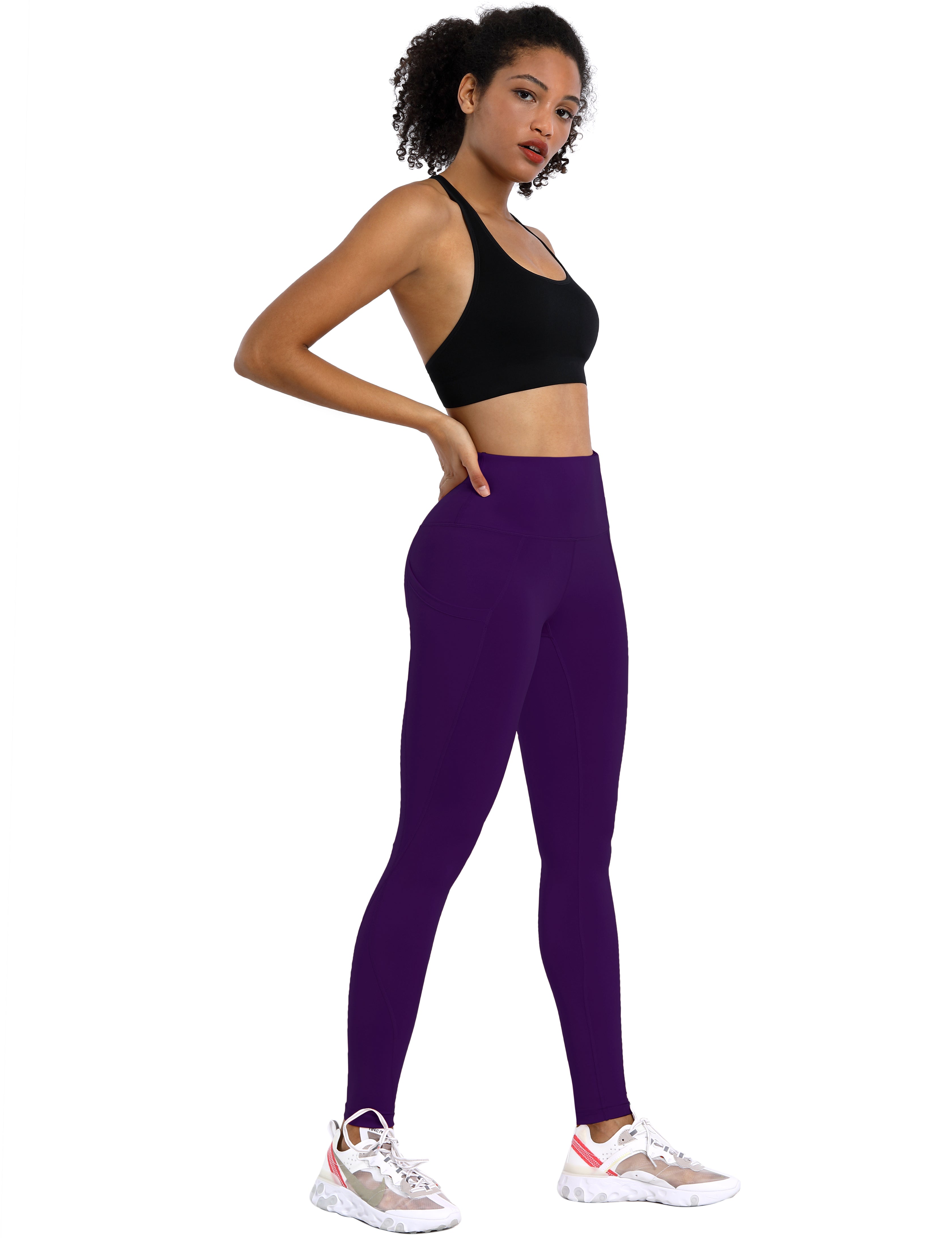 High Waist Side Pockets Gym Pants pansypurple 75% Nylon, 25% Spandex Fabric doesn't attract lint easily 4-way stretch No see-through Moisture-wicking Tummy control Inner pocket