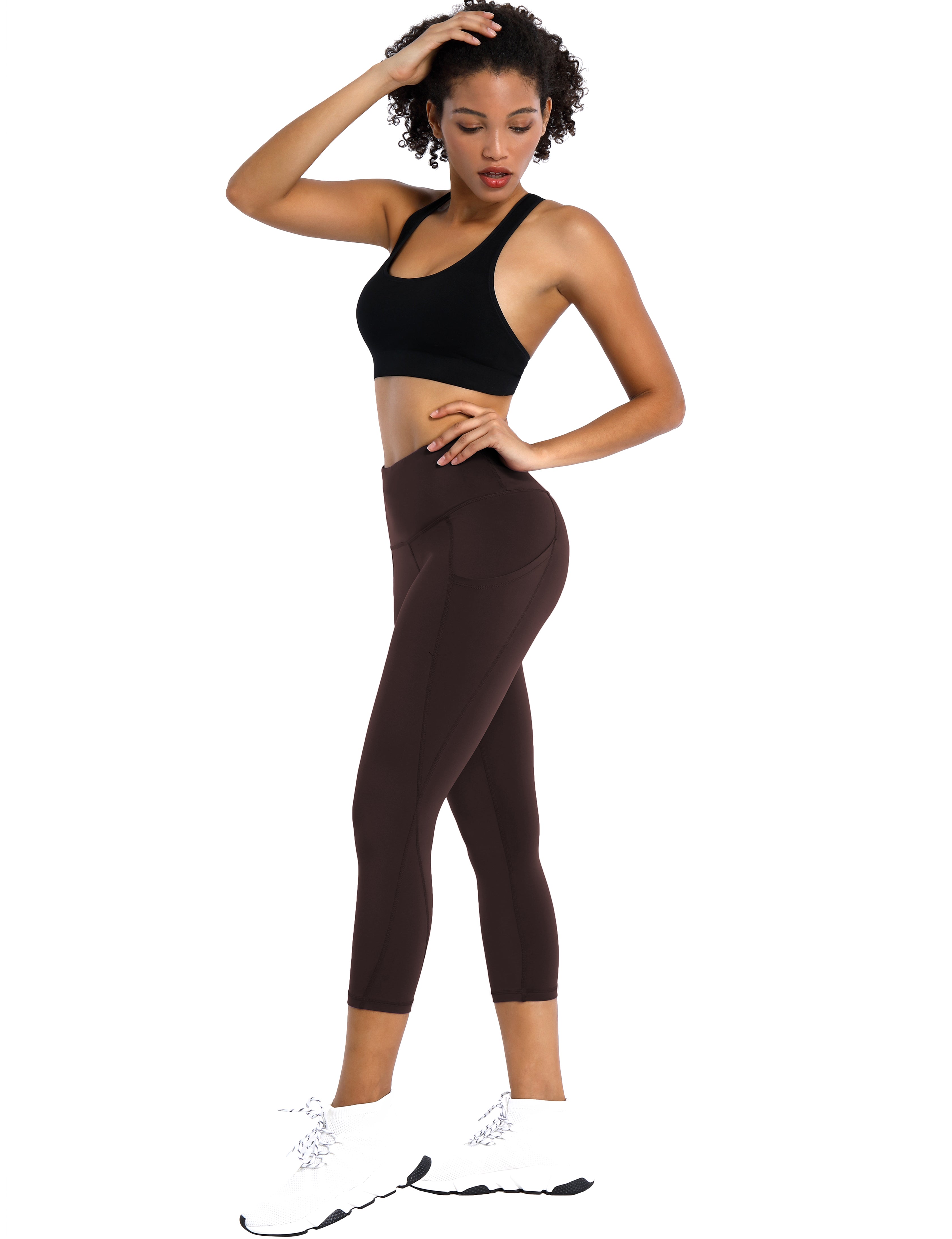 19" High Waist Side Pockets Capris mahoganymaroon 75%Nylon/25%Spandex Fabric doesn't attract lint easily 4-way stretch No see-through Moisture-wicking Tummy control Inner pocket