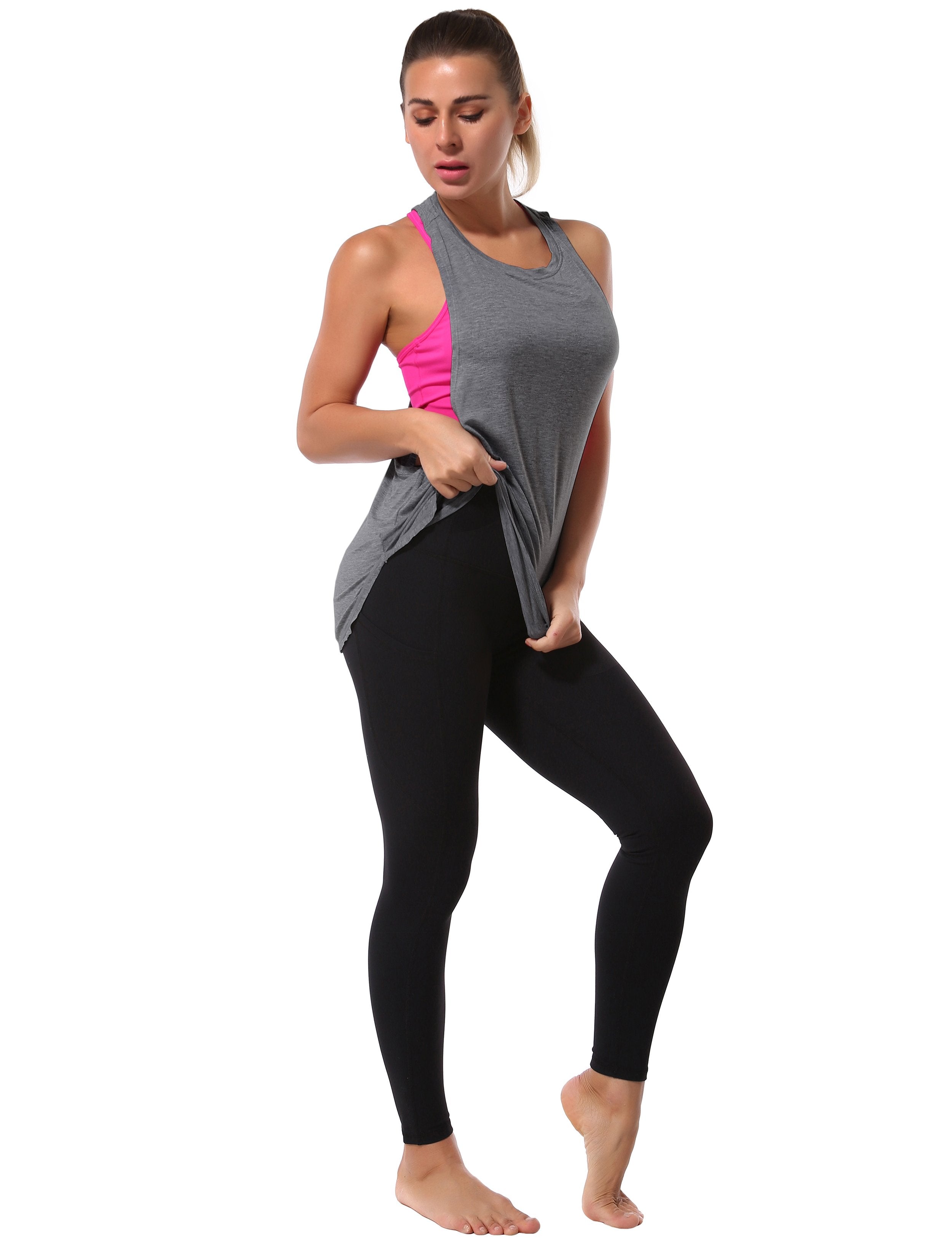 Low Cut Loose Fit Tank Top heathercharcoal Designed for On the Move Loose fit 93%Modal/7%Spandex Four-way stretch Naturally breathable Super-Soft, Modal Fabric