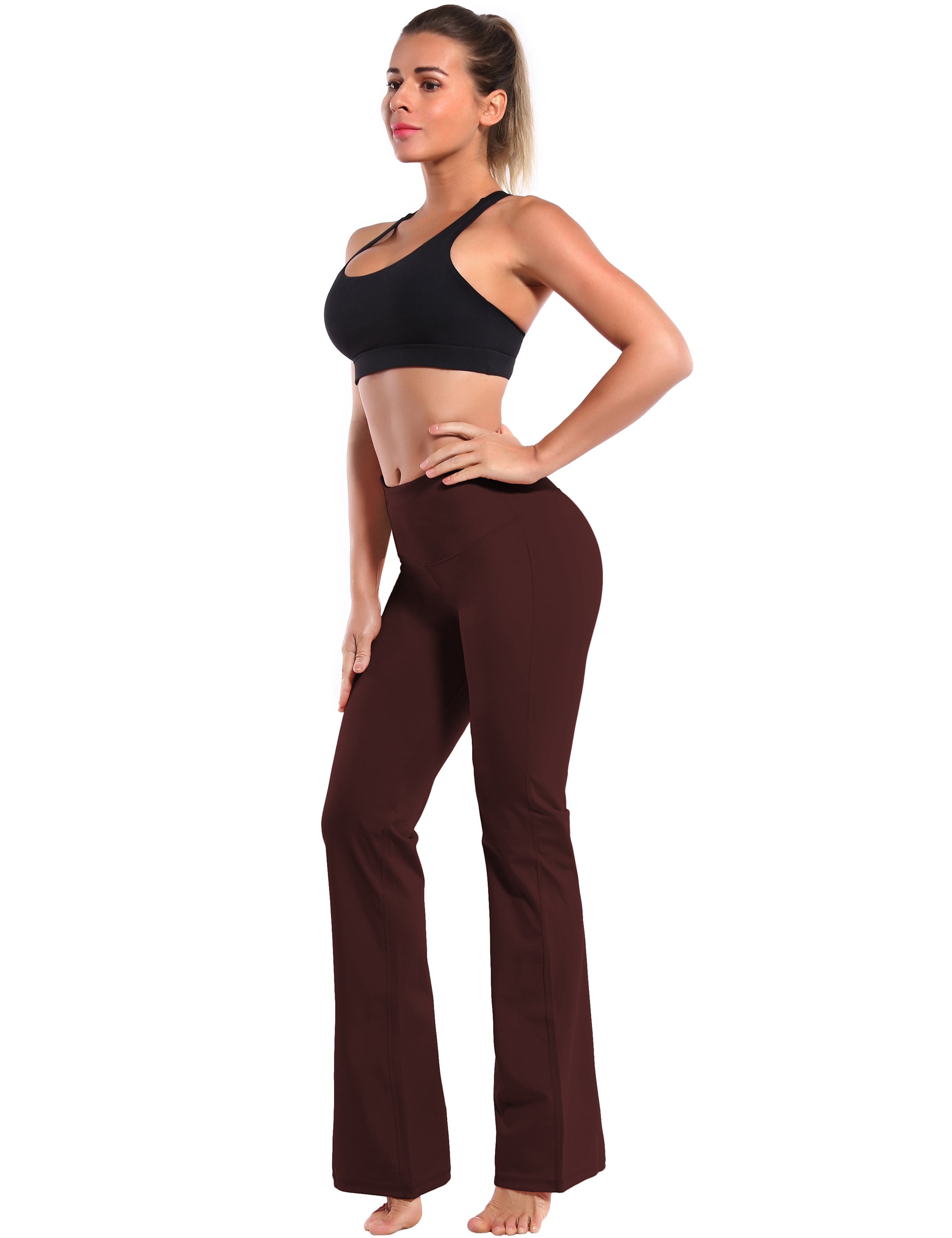 High Waist Bootcut Leggings Mahoganymaroon 75%Nylon/25%Spandex Fabric doesn't attract lint easily 4-way stretch No see-through Moisture-wicking Tummy control Inner pocket Five lengths