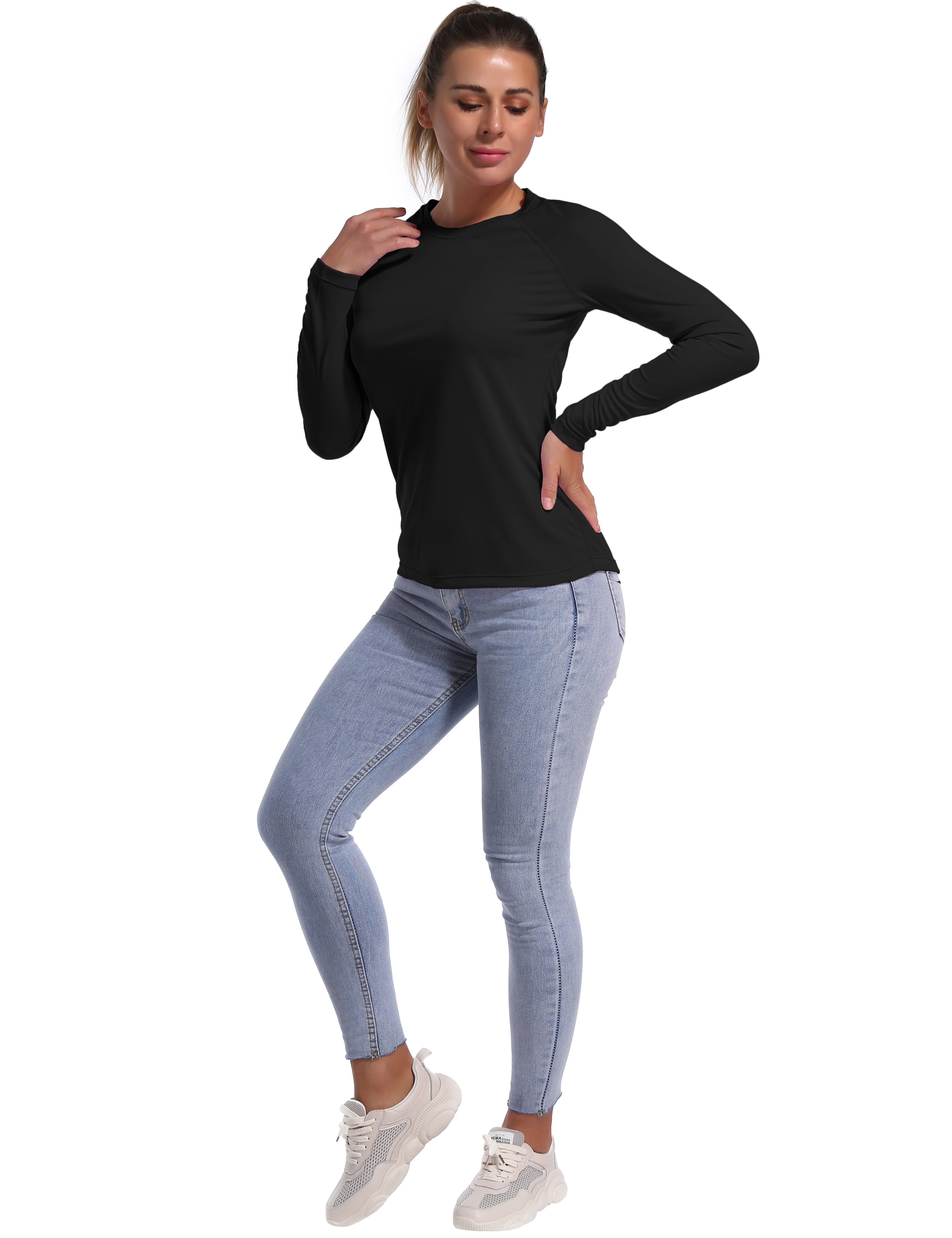 Long Sleeve Athletic Shirts black 100% polyester Lightweight Slim Fit UPF 50+ blocks sun's harmful rays Treated to wick moisture, dries ultra-fast