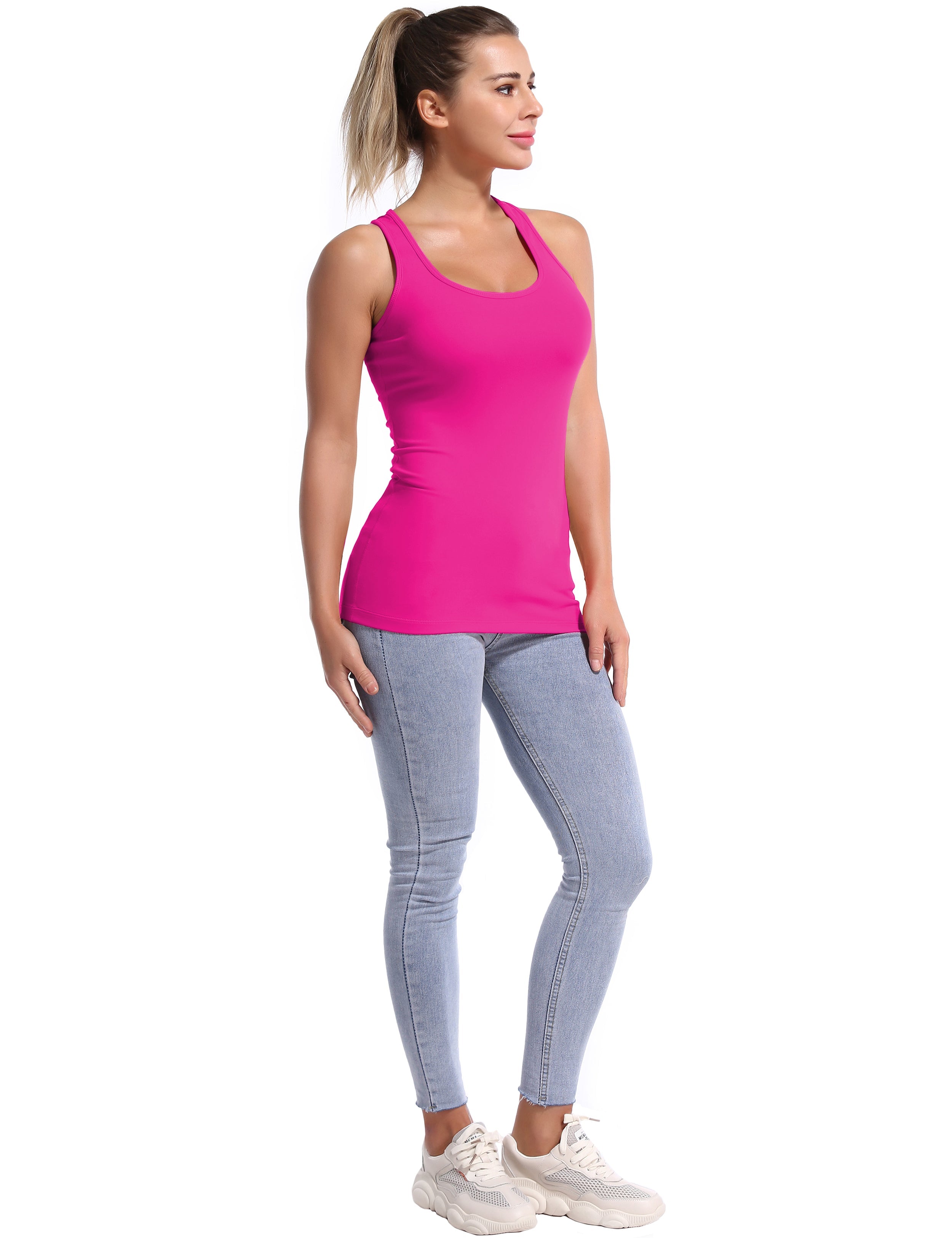 Racerback Athletic Tank Tops magenta 92%Nylon/8%Spandex(Cotton Soft) Designed for Yoga Tight Fit So buttery soft, it feels weightless Sweat-wicking Four-way stretch Breathable Contours your body Sits below the waistband for moderate, everyday coverage