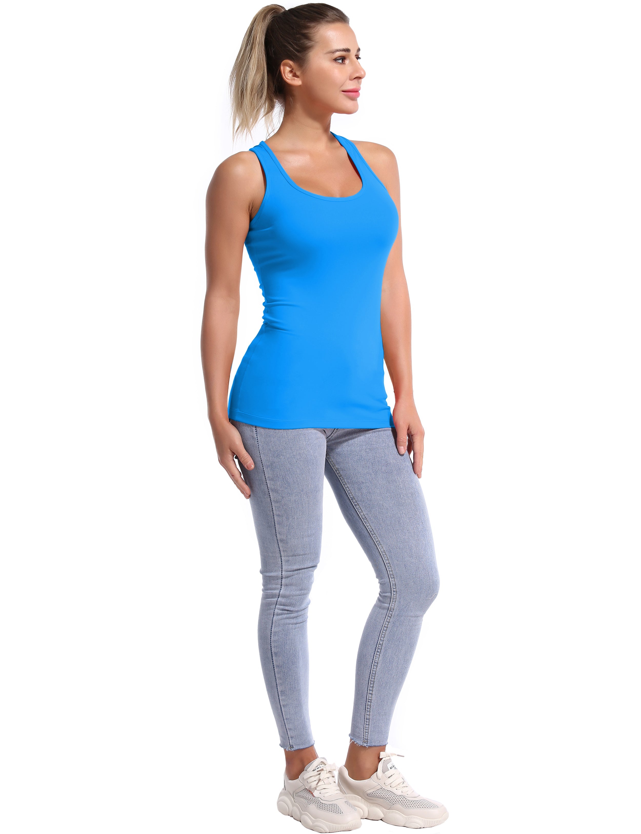 Racerback Athletic Tank Tops deepskyblue 92%Nylon/8%Spandex(Cotton Soft) Designed for Yoga Tight Fit So buttery soft, it feels weightless Sweat-wicking Four-way stretch Breathable Contours your body Sits below the waistband for moderate, everyday coverage