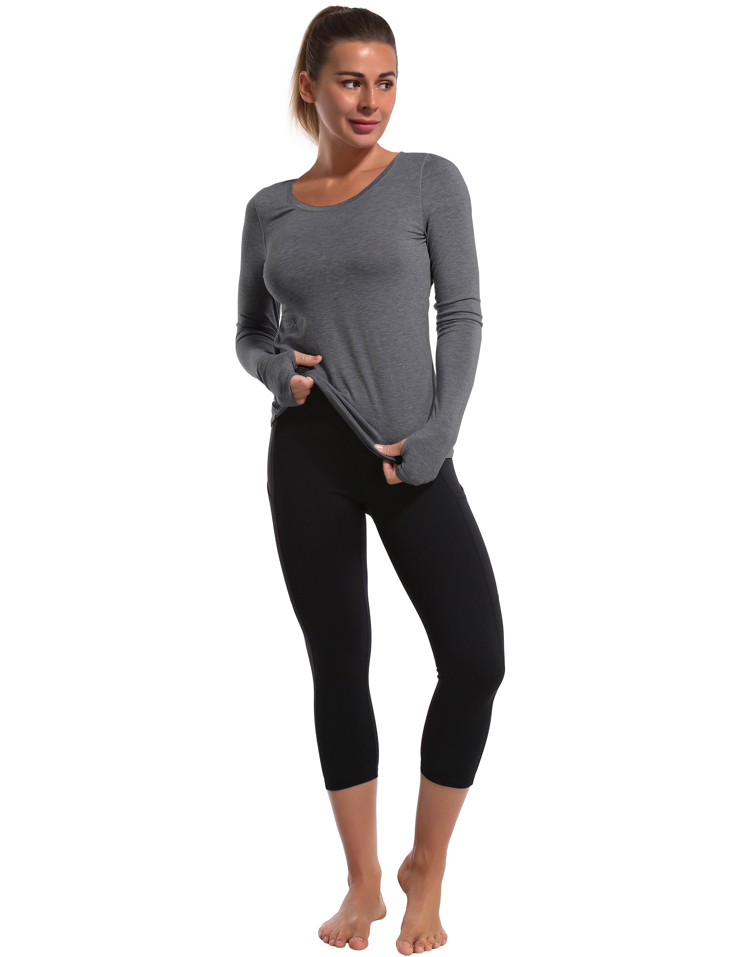 Open Back Long Sleeve Tops heathercharcoal Designed for On the Move Slim fit 93%Modal/7%Spandex Four-way stretch Naturally breathable Super-Soft, Modal Fabric