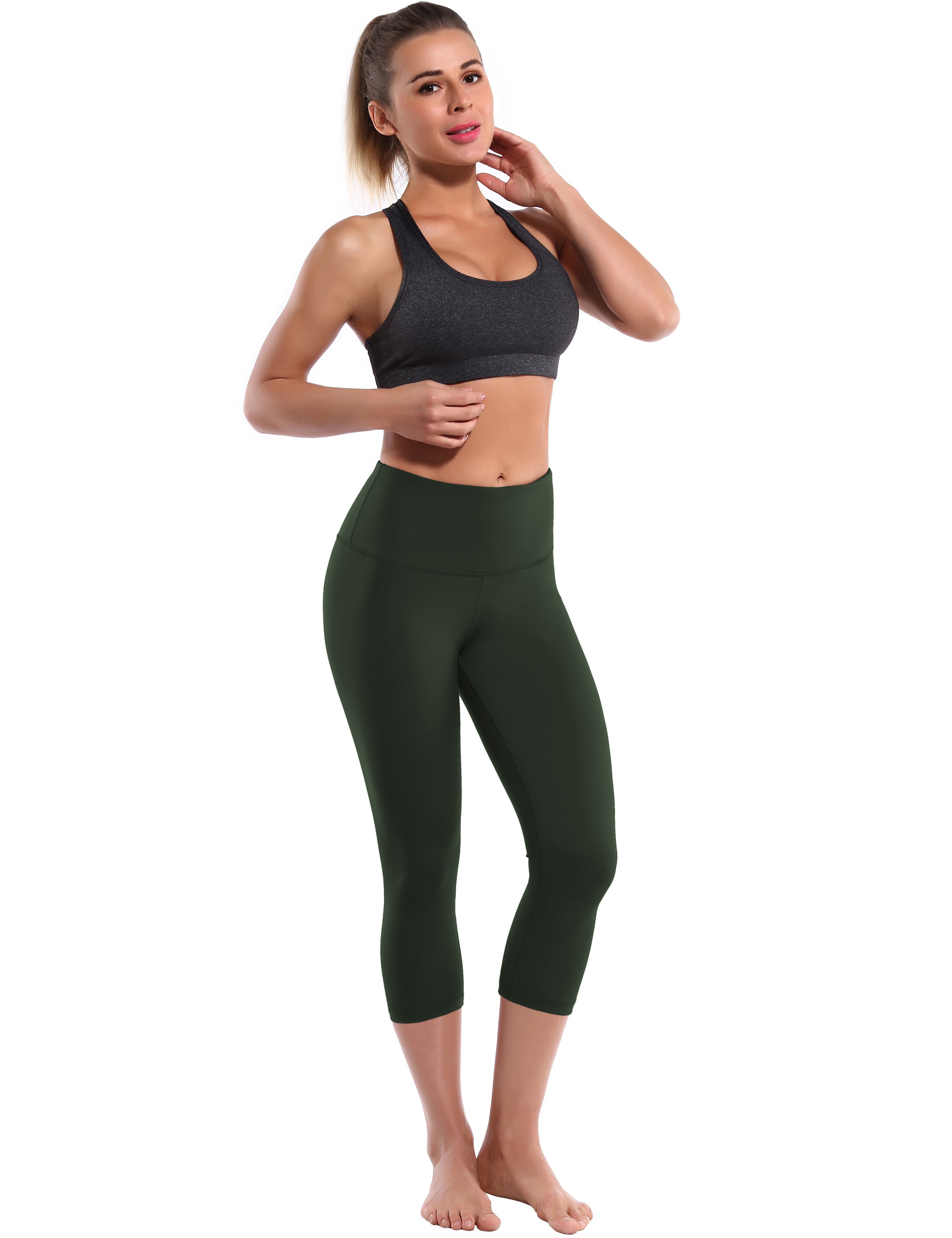 19" High Waist Crop Tight Capris olivegray 75%Nylon/25%Spandex Fabric doesn't attract lint easily 4-way stretch No see-through Moisture-wicking Tummy control Inner pocket