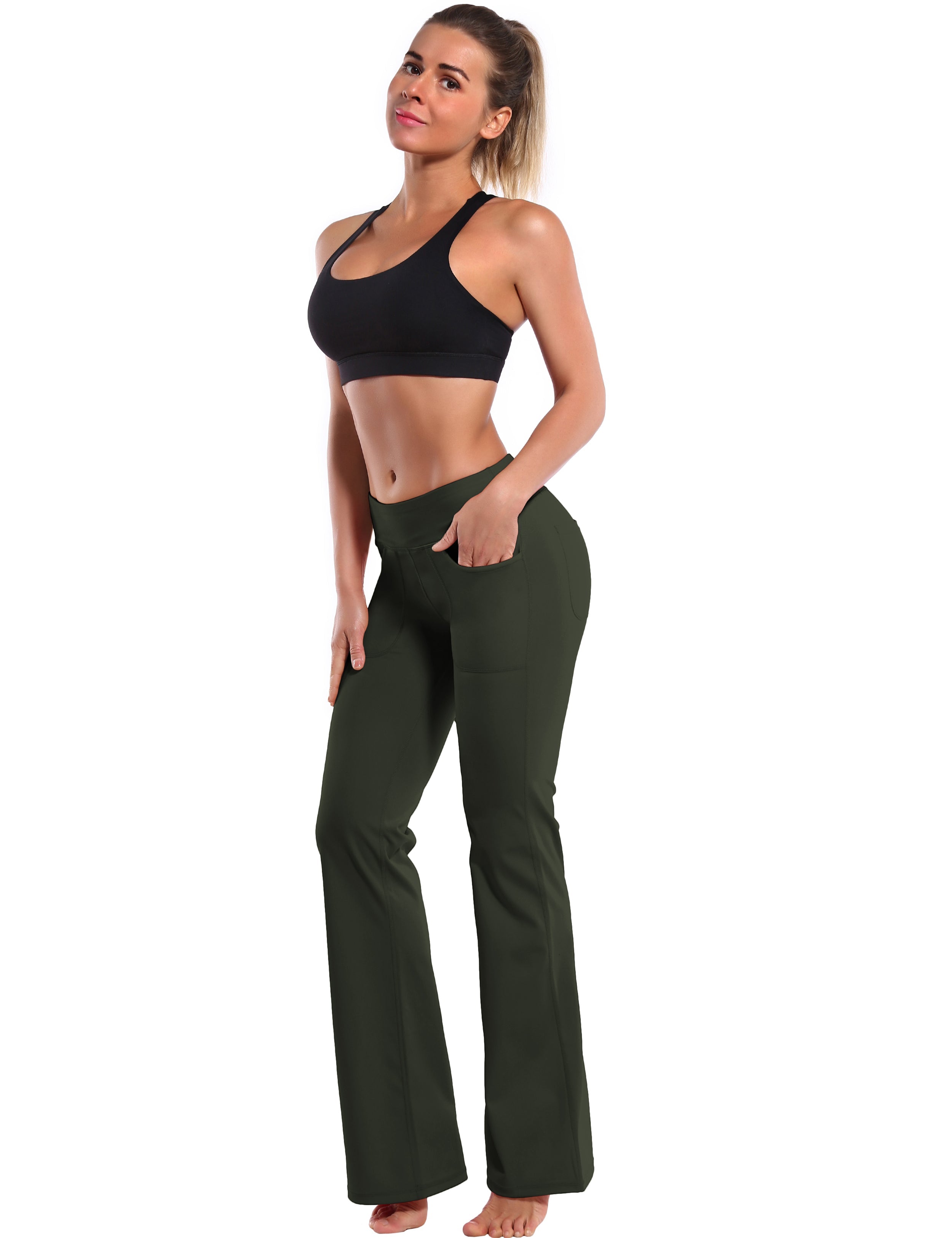 4 Pockets Bootcut Leggings olivegray 75%Nylon/25%Spandex Fabric doesn't attract lint easily 4-way stretch No see-through Moisture-wicking Inner pocket Four lengths