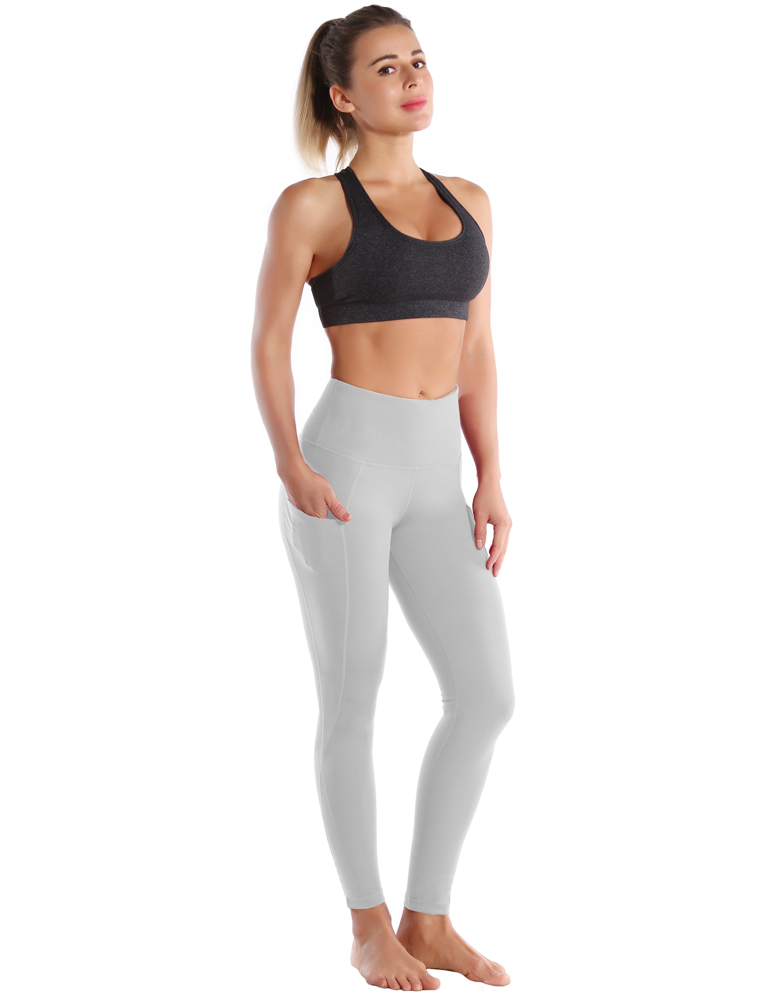 High Waist Side Pockets Gym Pants lightgray 75% Nylon, 25% Spandex Fabric doesn't attract lint easily 4-way stretch No see-through Moisture-wicking Tummy control Inner pocket