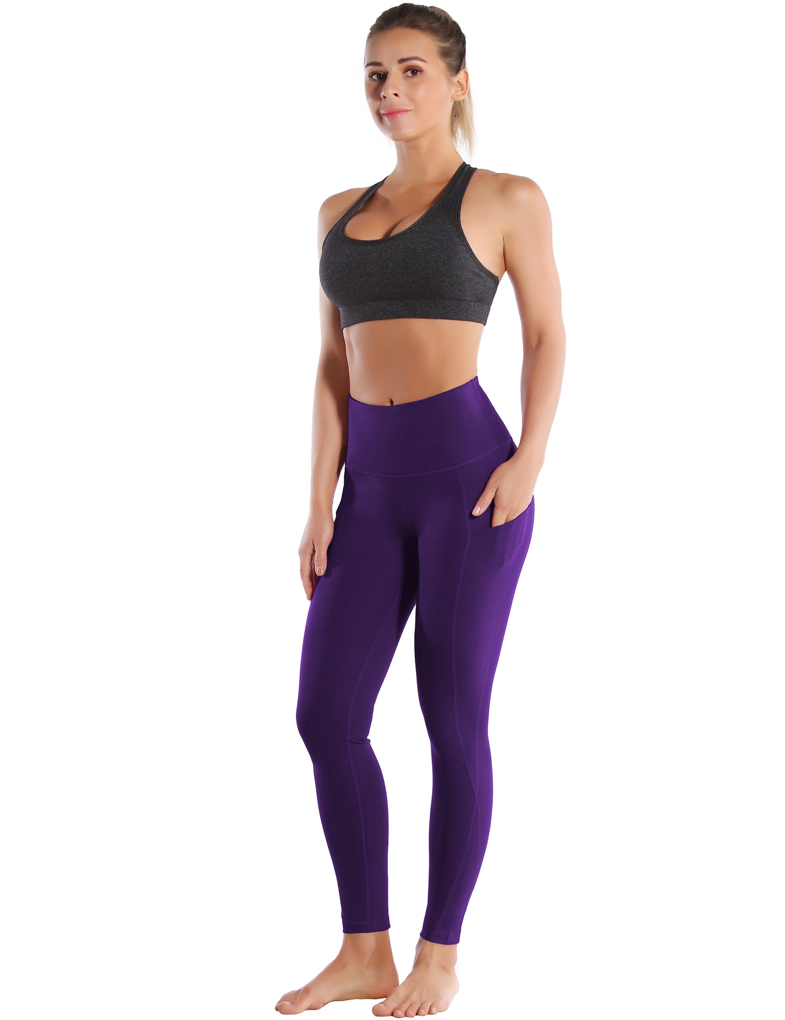 High Waist Side Pockets Gym Pants grapevine 75% Nylon, 25% Spandex Fabric doesn't attract lint easily 4-way stretch No see-through Moisture-wicking Tummy control Inner pocket
