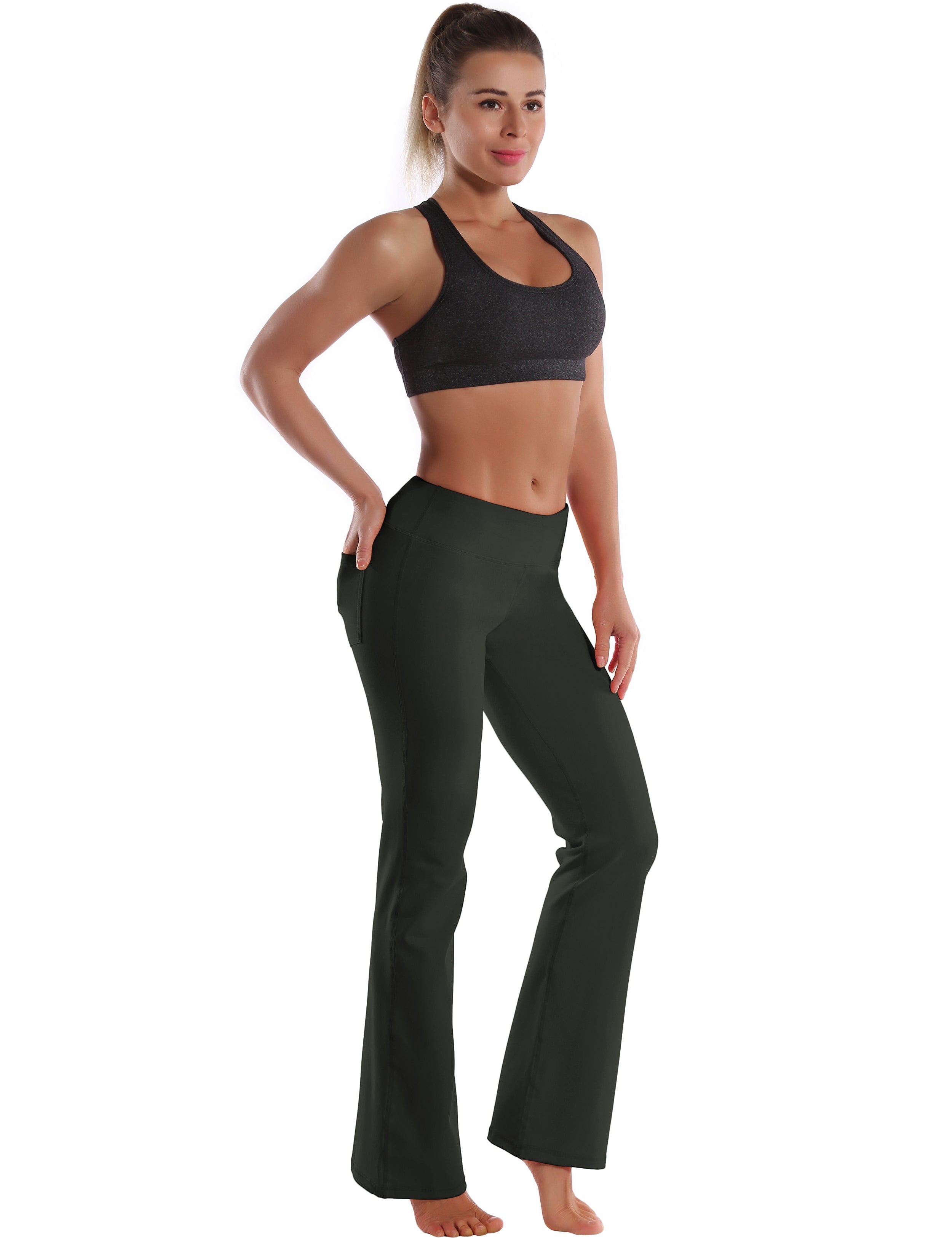 Back Pockets Bootcut Leggings olivegray 87%Nylon/13%Spandex Fabric doesn't attract lint easily 4-way stretch No see-through Moisture-wicking Inner pocket Four lengths